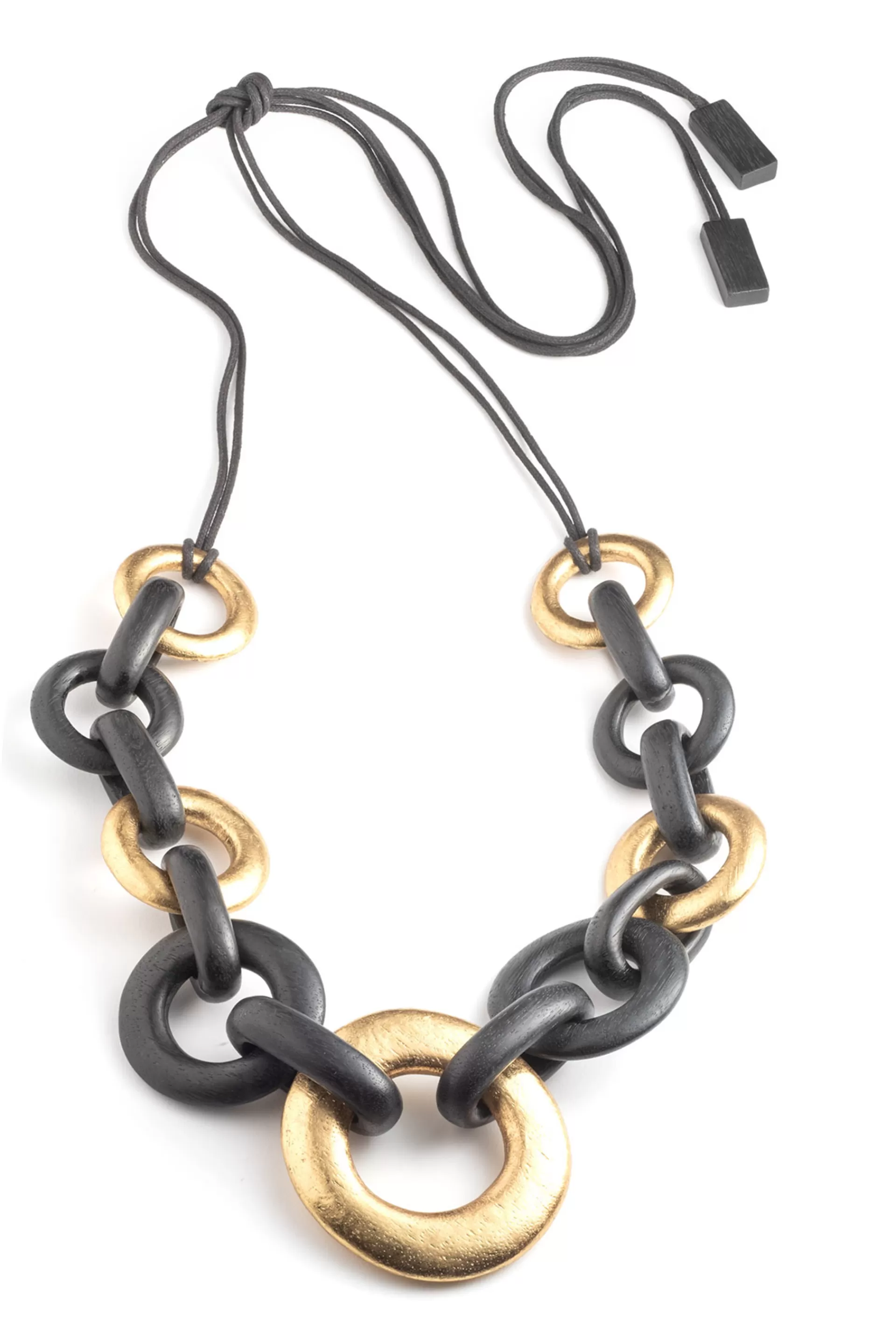 Natori Belts | Necklaces<Acacia Wood And Gold Plated Circle Chain Link Tie Belt Black/Gold