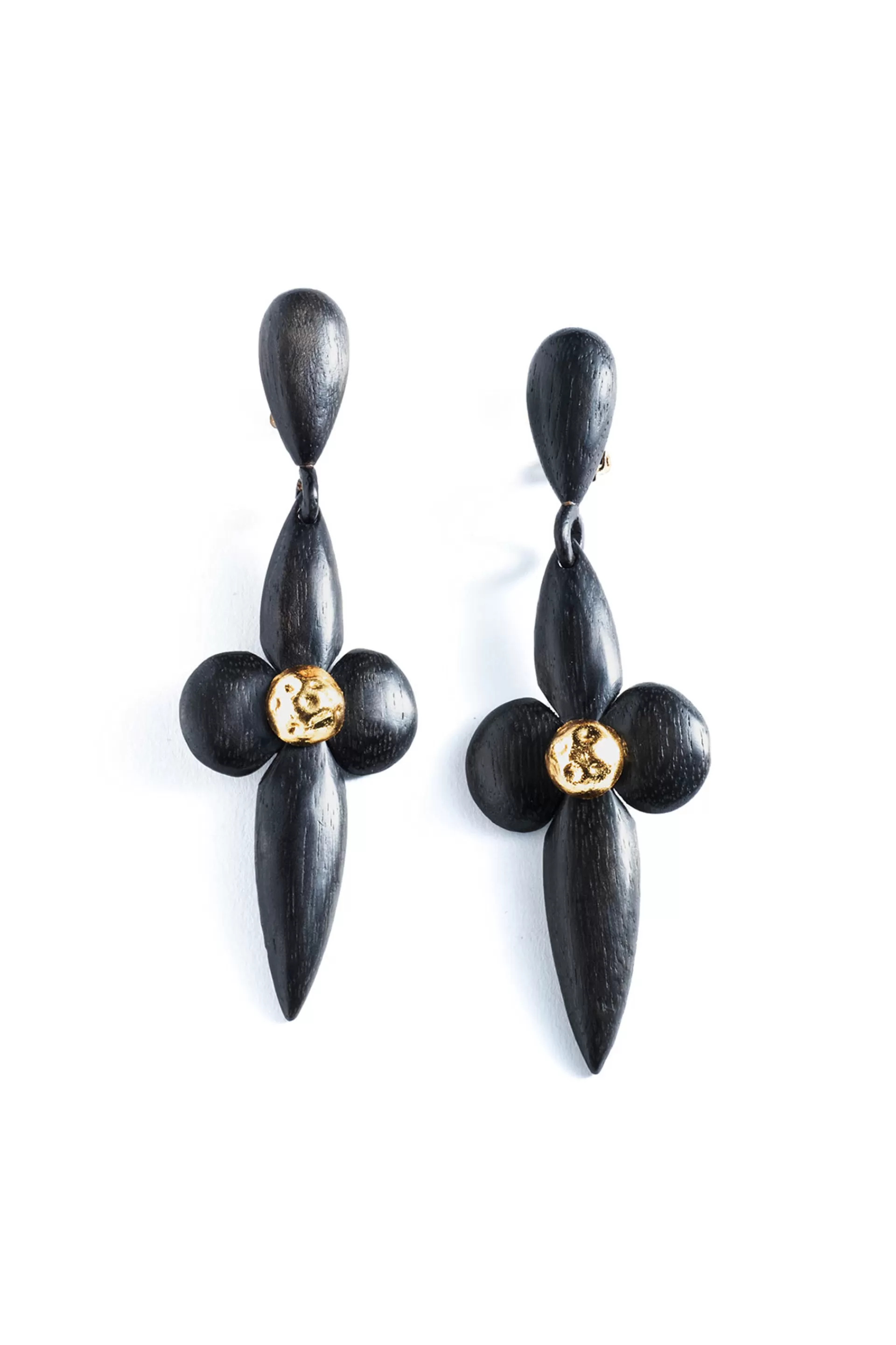 Natori Earrings<Acacia Wood And Silver Plated Large Teardrop Floral Earrings Black