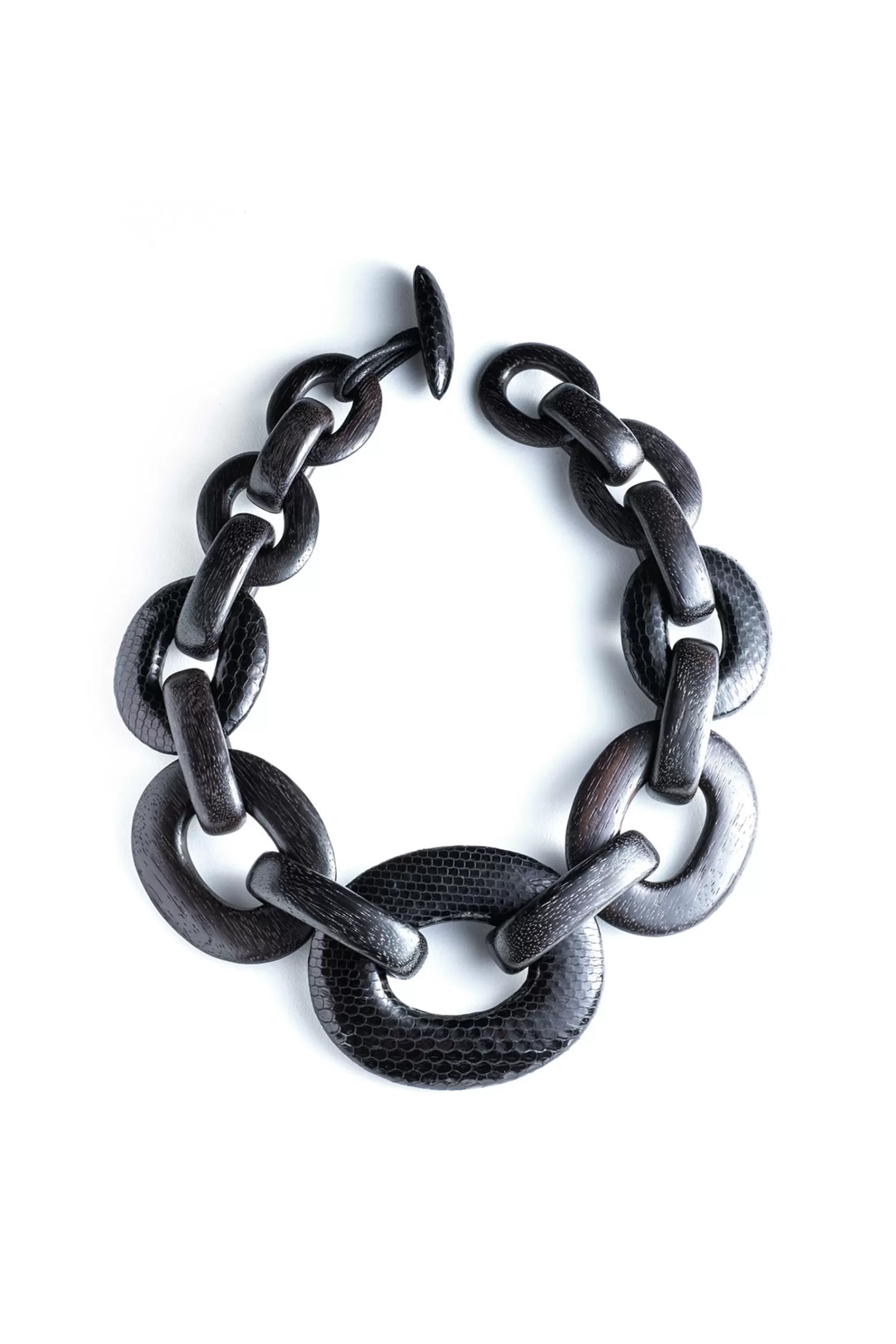 Natori Necklaces<Acacia Wood And Snakeskin Oval Chain Link Necklace Black