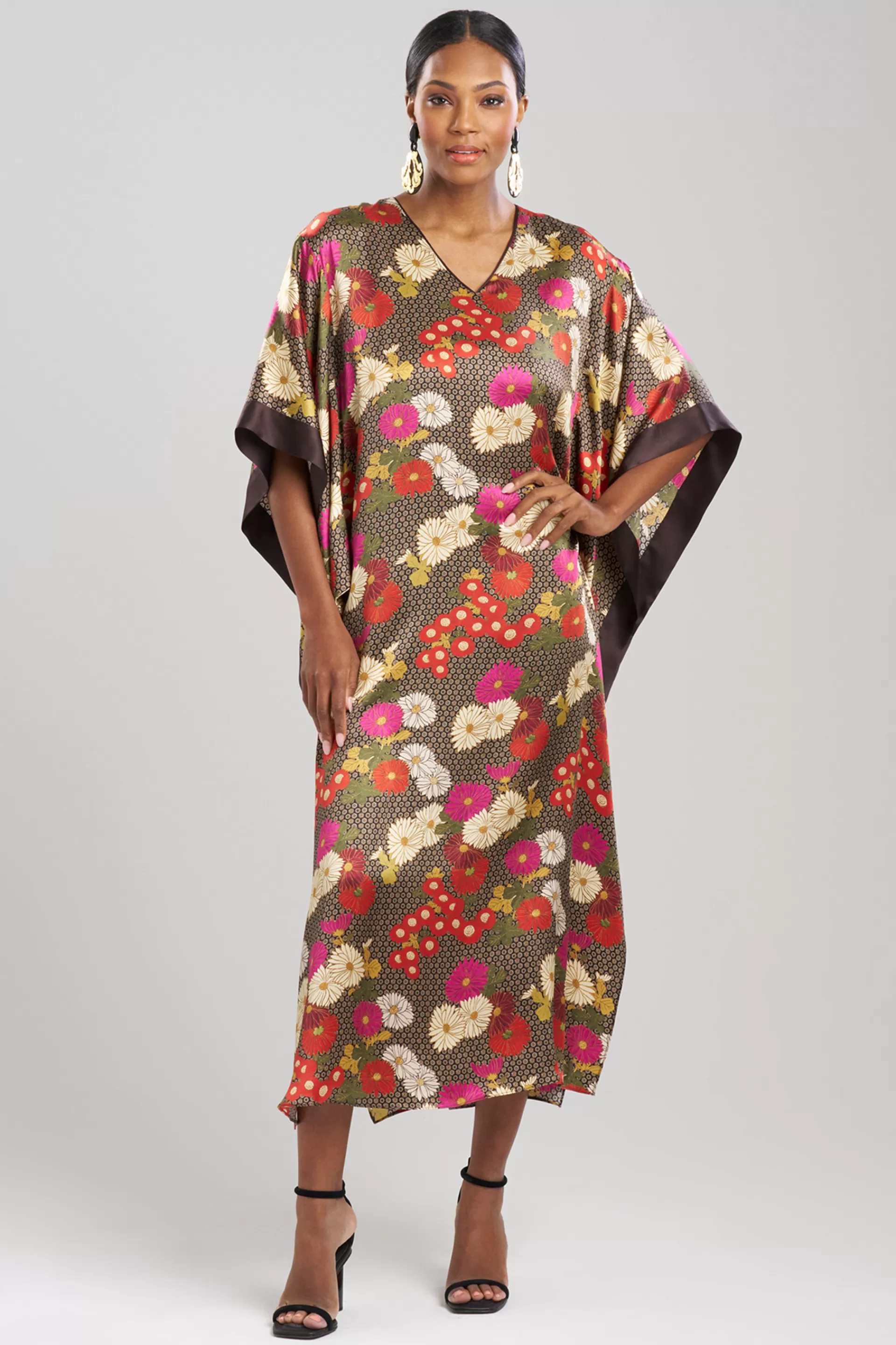 Natori Caftan Dresses<Agathe Kimono Sleeve Silk Caftan Chocolate