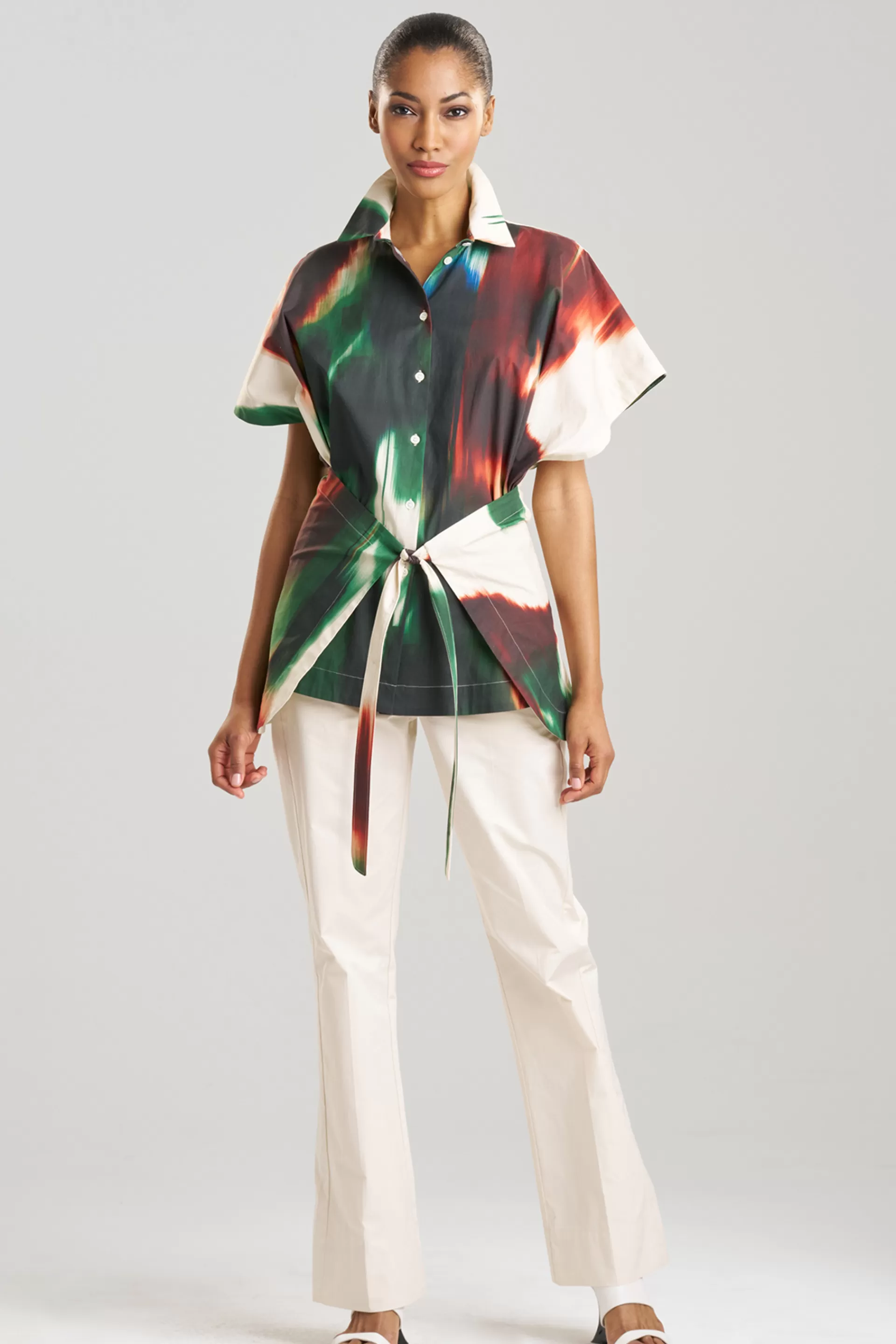 Natori Tops, Shirts & Tunics<Amalfi Printed Cotton Poplin Kimono Wrap Shirt Neutral Green