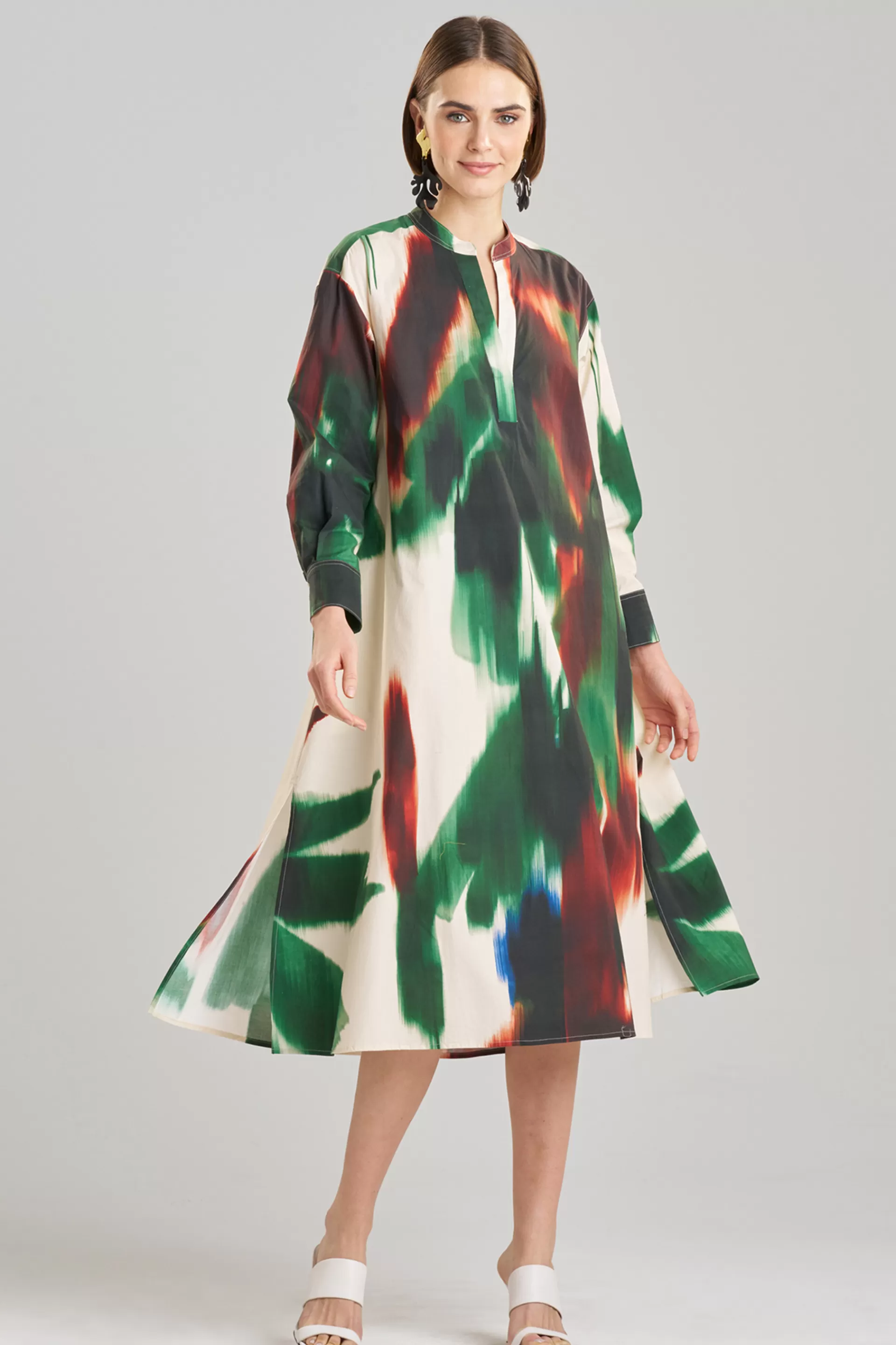 Natori Dresses | Plus Sizes<Amalfi Printed Cotton Poplin Oversized Shirtdress Neutral Green