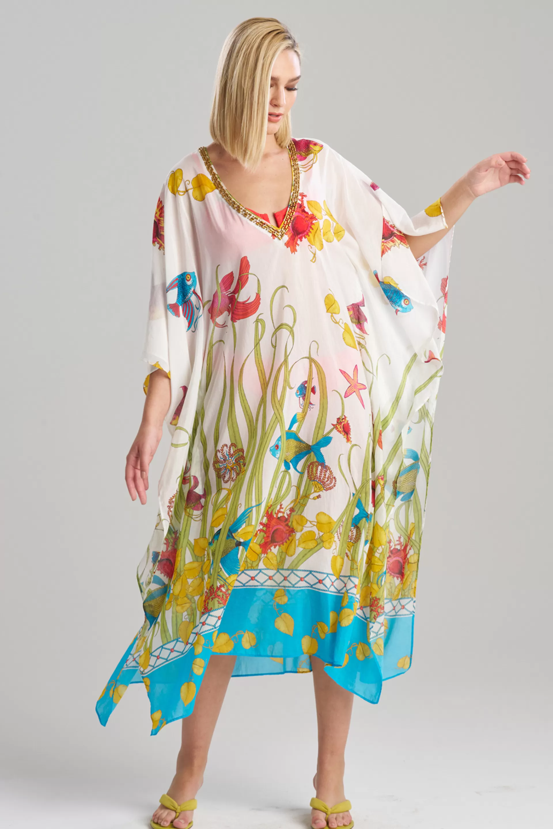 Natori Beach Caftans | Caftan Dresses<Aquatic Beaded Sheer Caftan Warm White Multi