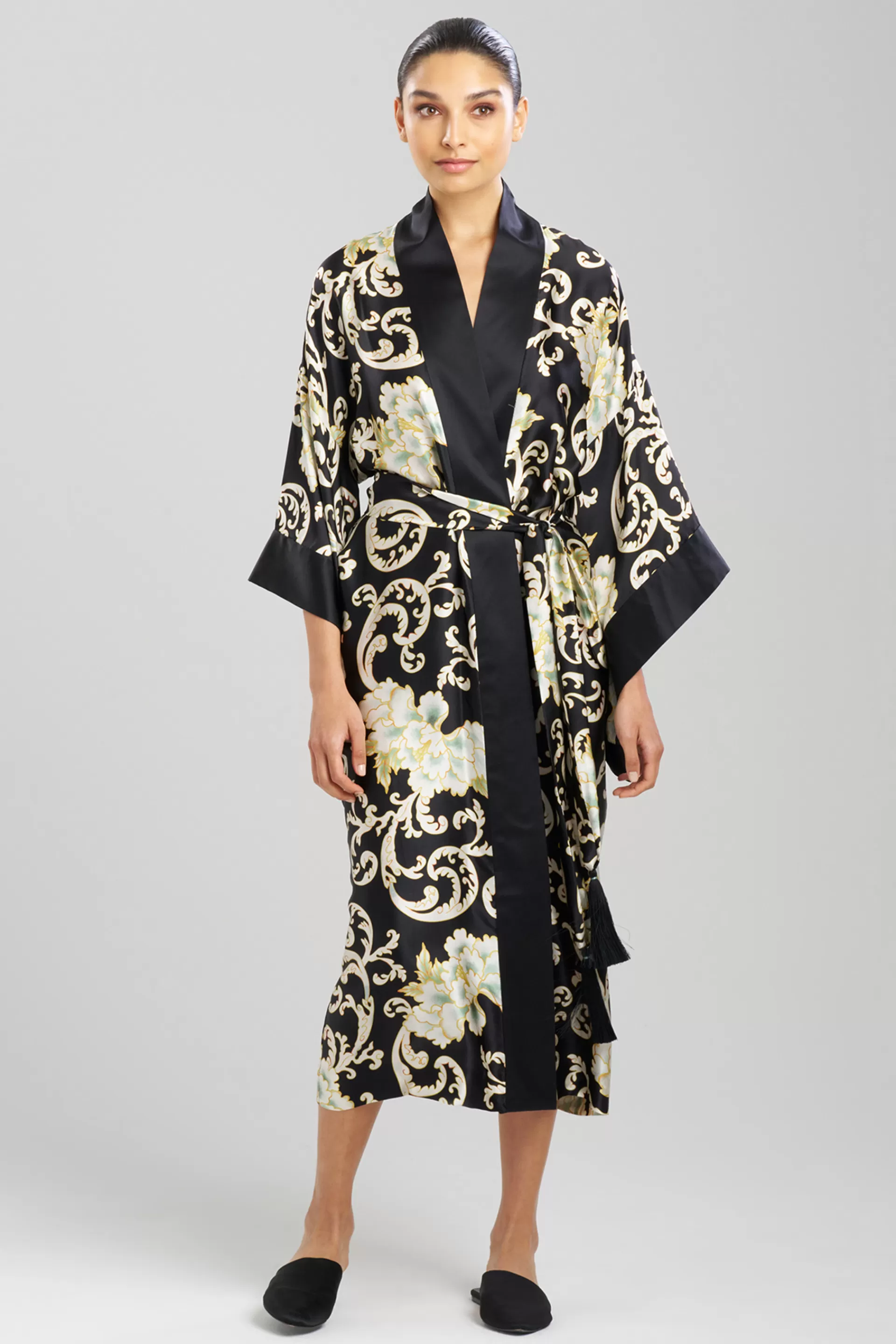 Natori Robes & Kimonos<Camille Floral Scroll Kimono Silk Robe Black/Gold