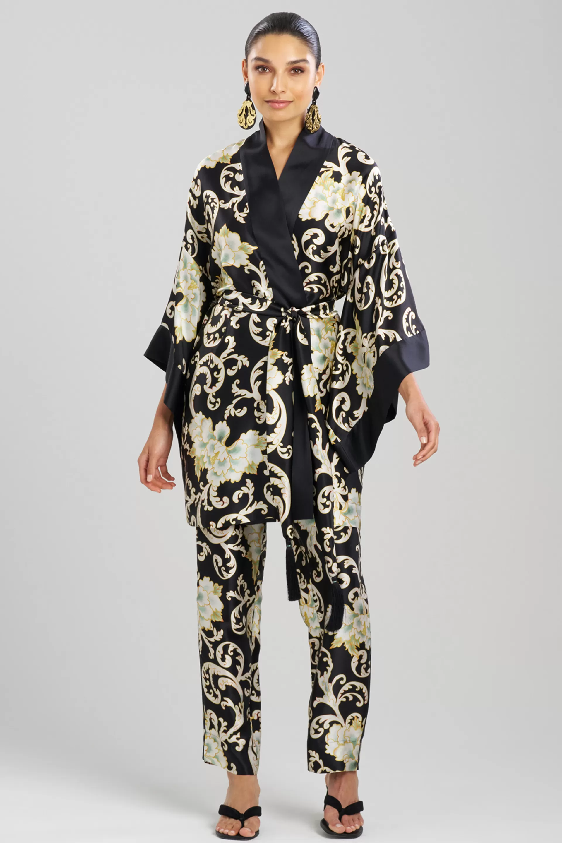 Natori Robes & Kimonos<Camille Floral Scroll Kimono Silk Wrap Black/Gold