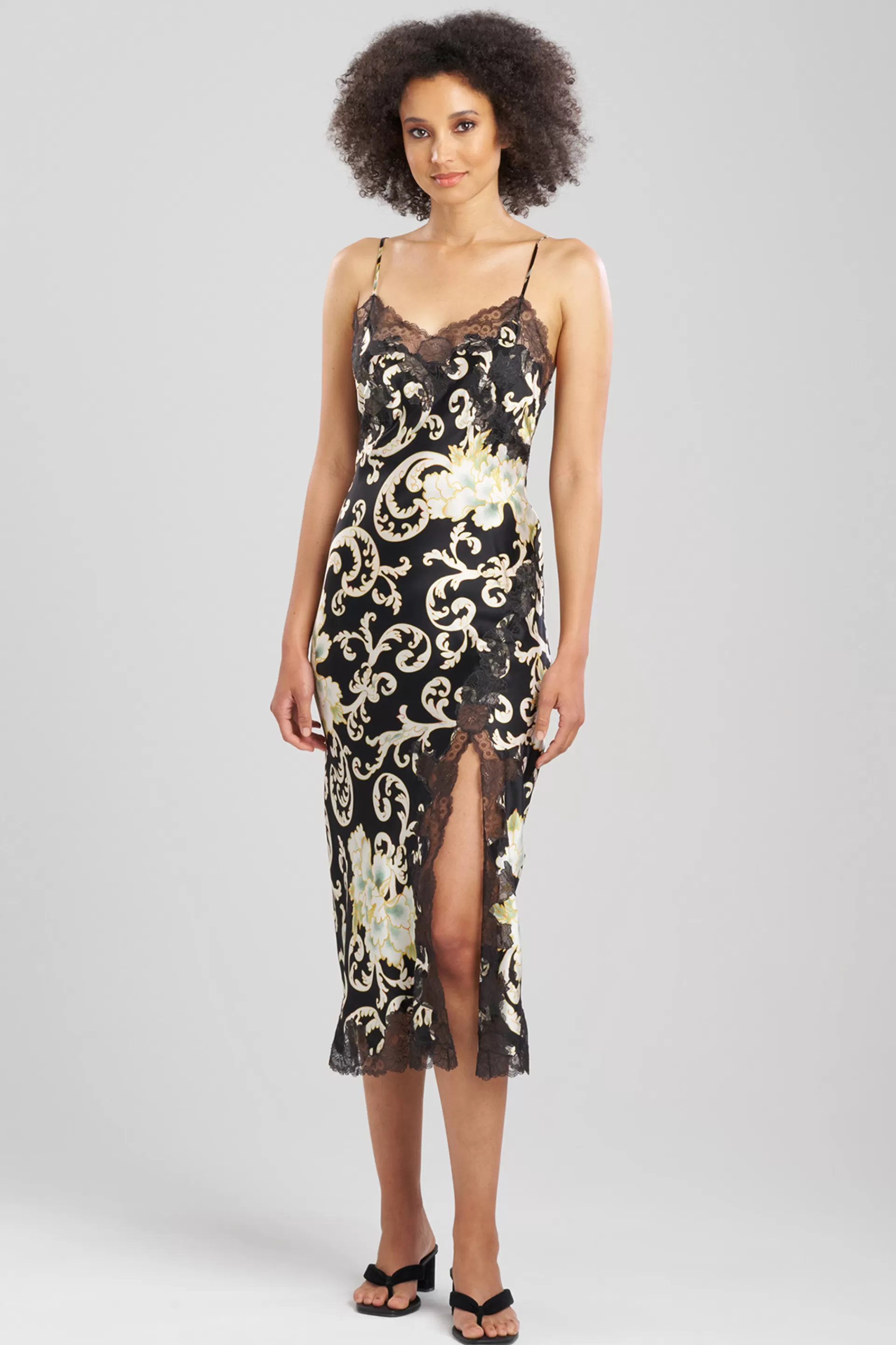 Natori Gowns<Camille Floral Scroll Lace Slit Silk Gown Black/Gold