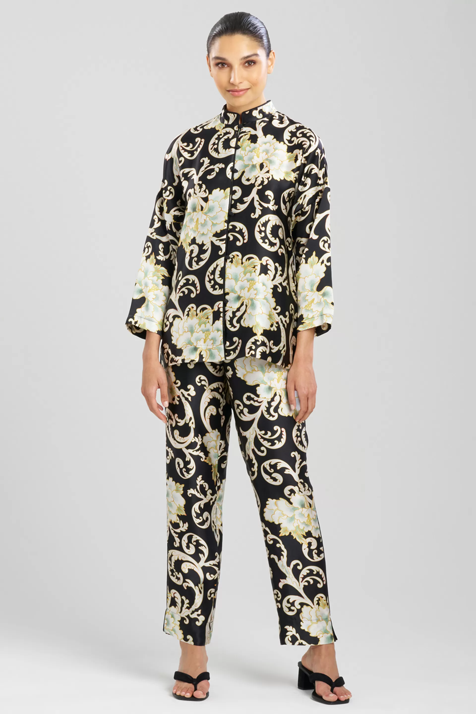 Natori Pajama Sets<Camille Floral Scroll Mandarin Silk PJ Black/Gold