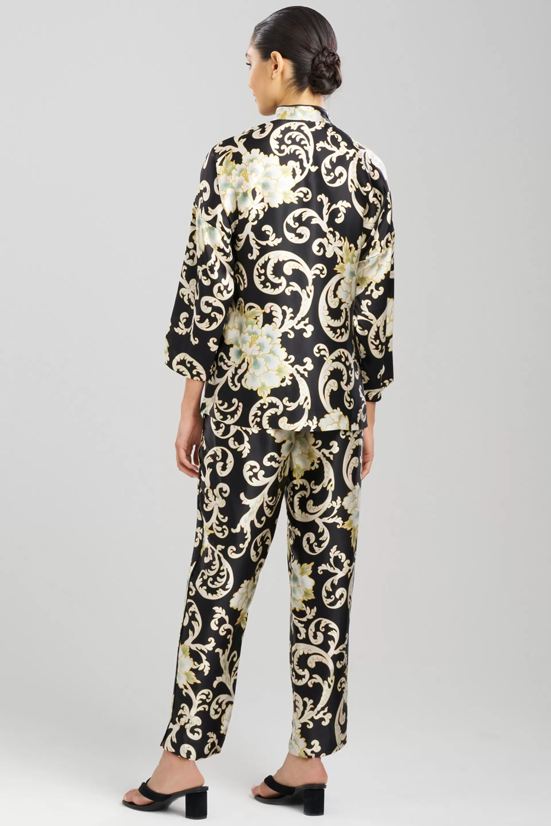 Natori Pajama Sets<Camille Floral Scroll Mandarin Silk PJ Black/Gold