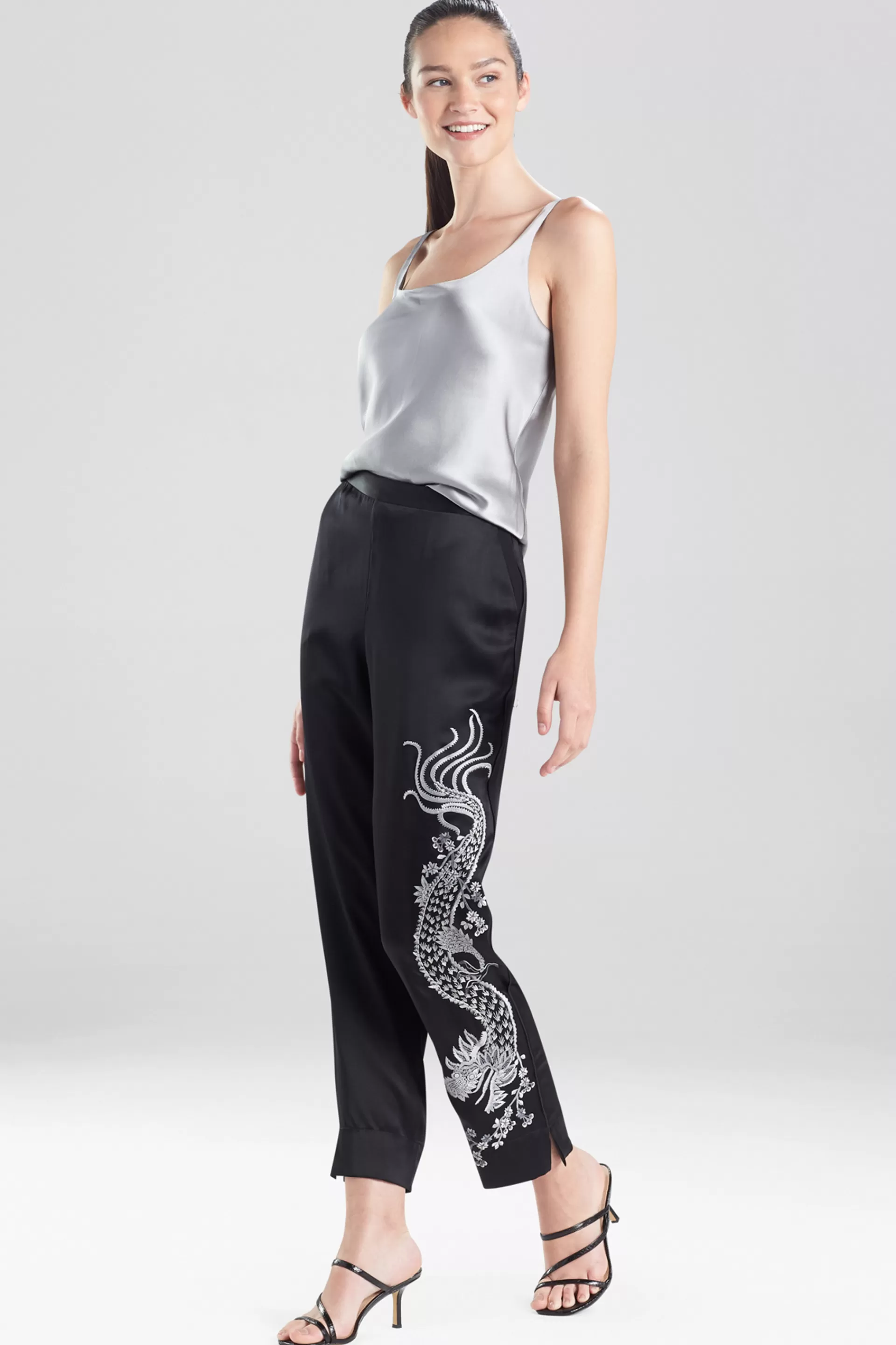 Natori Pajama Bottoms<Chinoiserie Embroidery Silk Pants Black