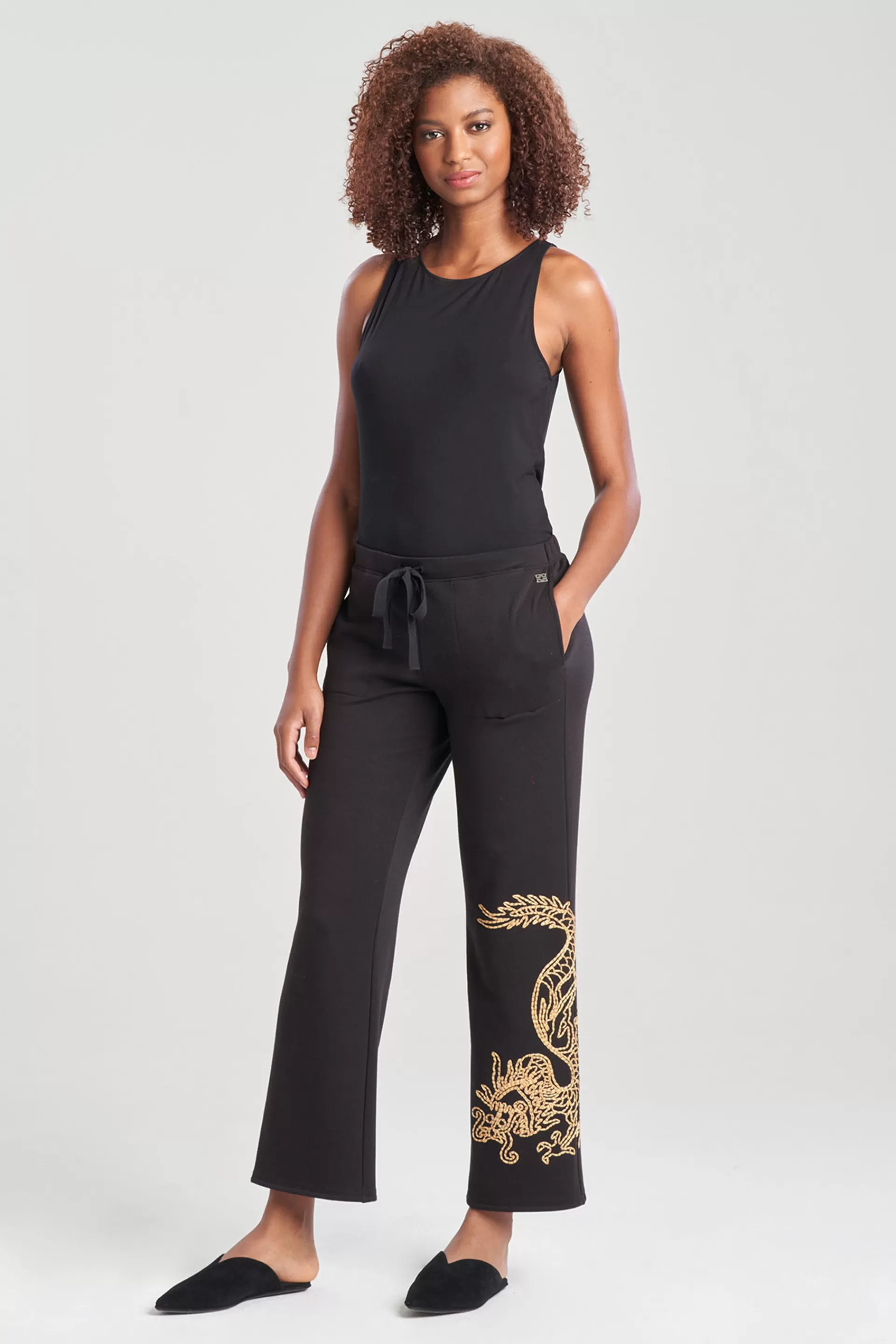 Natori Lounge Bottoms<Cocoon Embroidered Dragon Straight Leg Pants Black