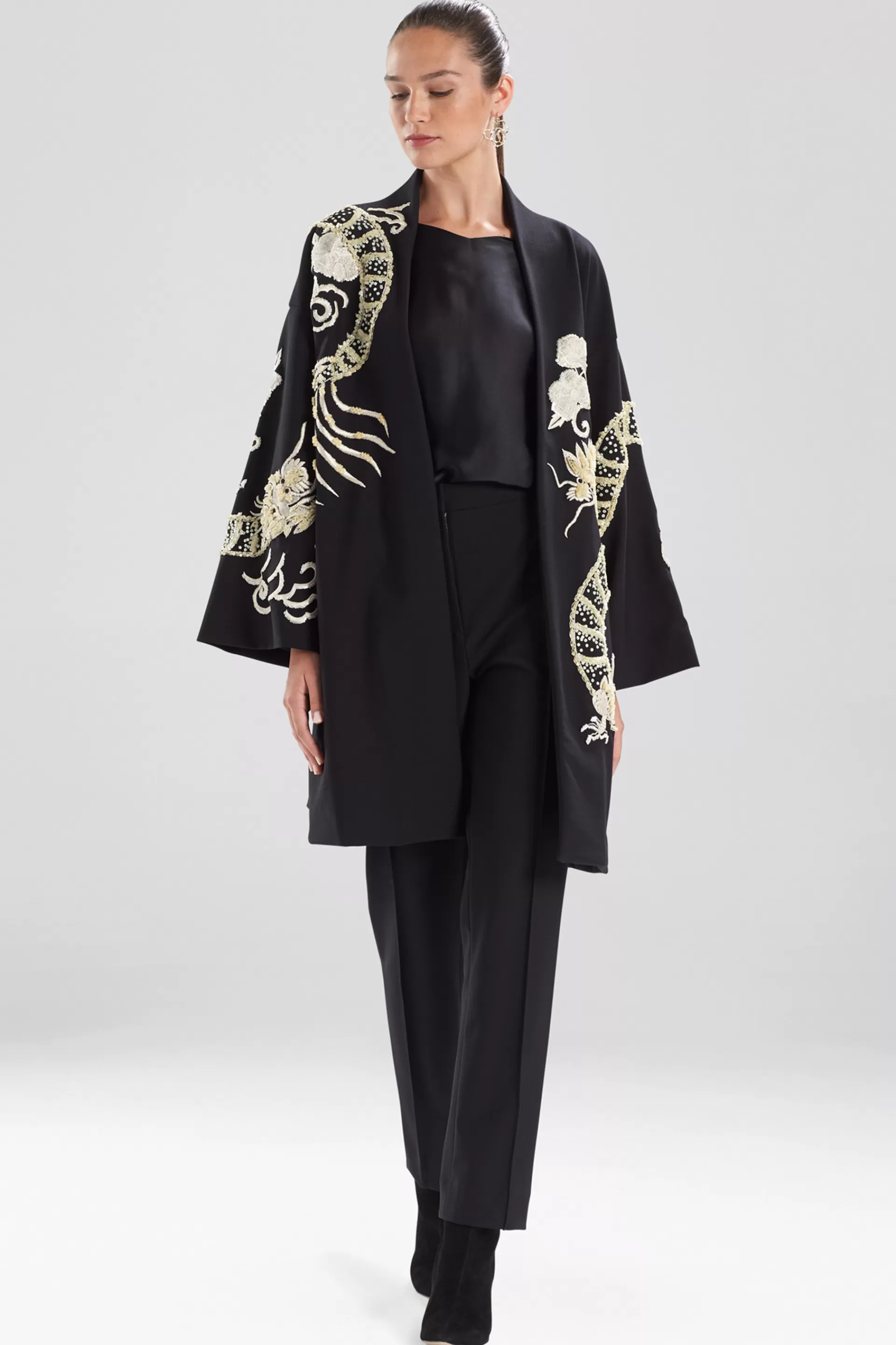 Natori Jackets & Outerwear<Compact Knit Crepe Embroidered Dragon Caban Jacket Black