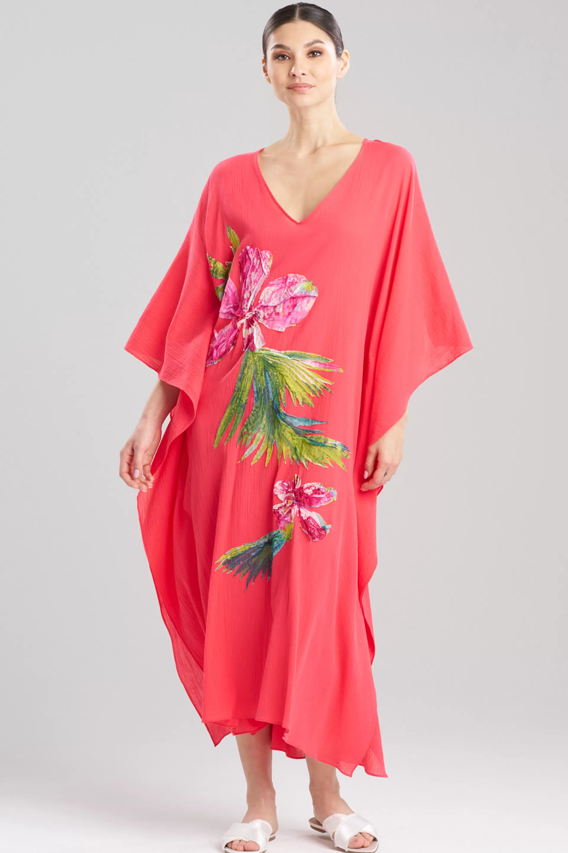 Natori Beach Caftans<Cotton Gauze Applique Caftan Hibiscus Pink