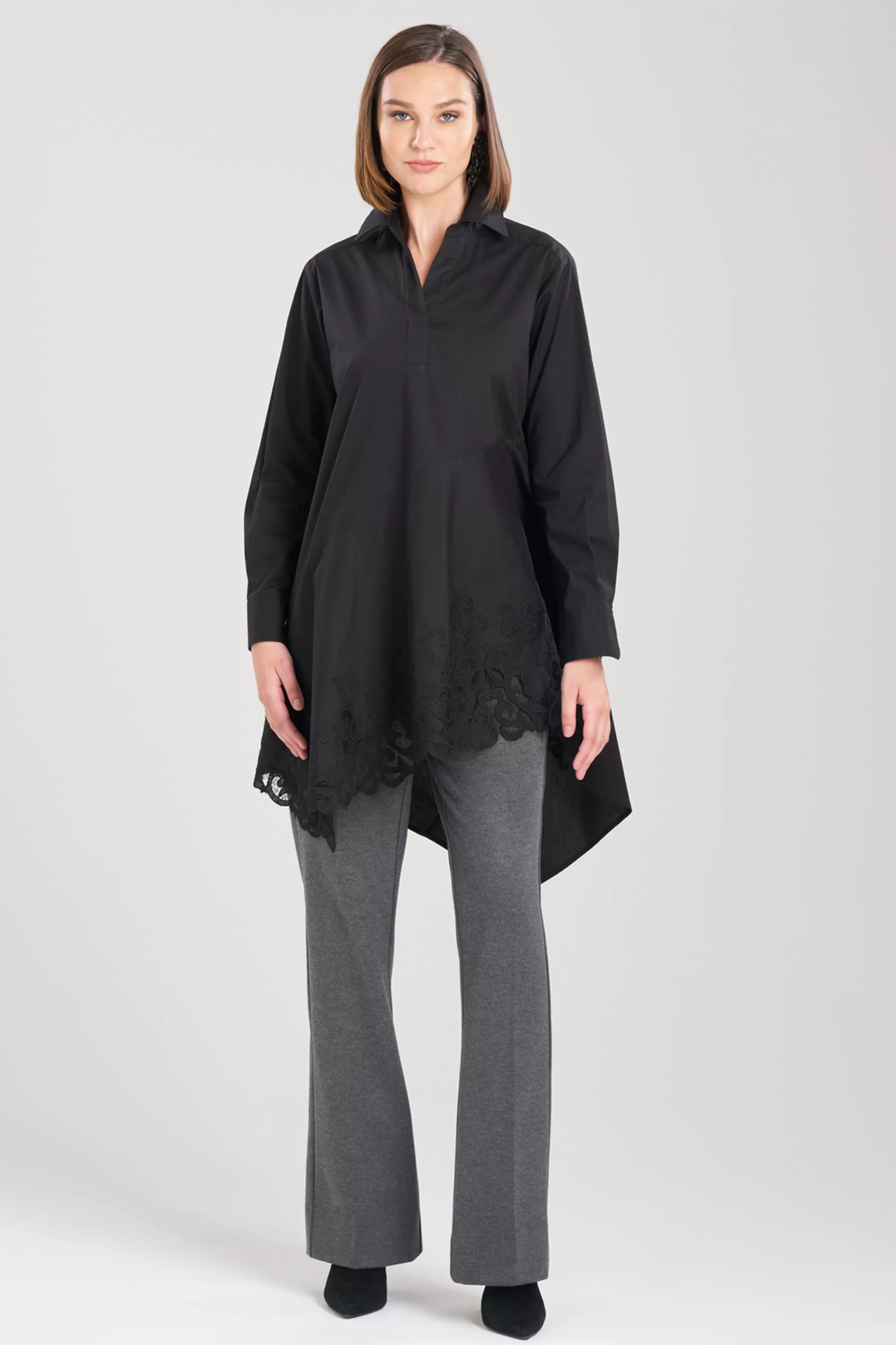 Natori Tops, Shirts & Tunics<Cotton Poplin Asymmetrical Embroidered Flounce Shirt Black