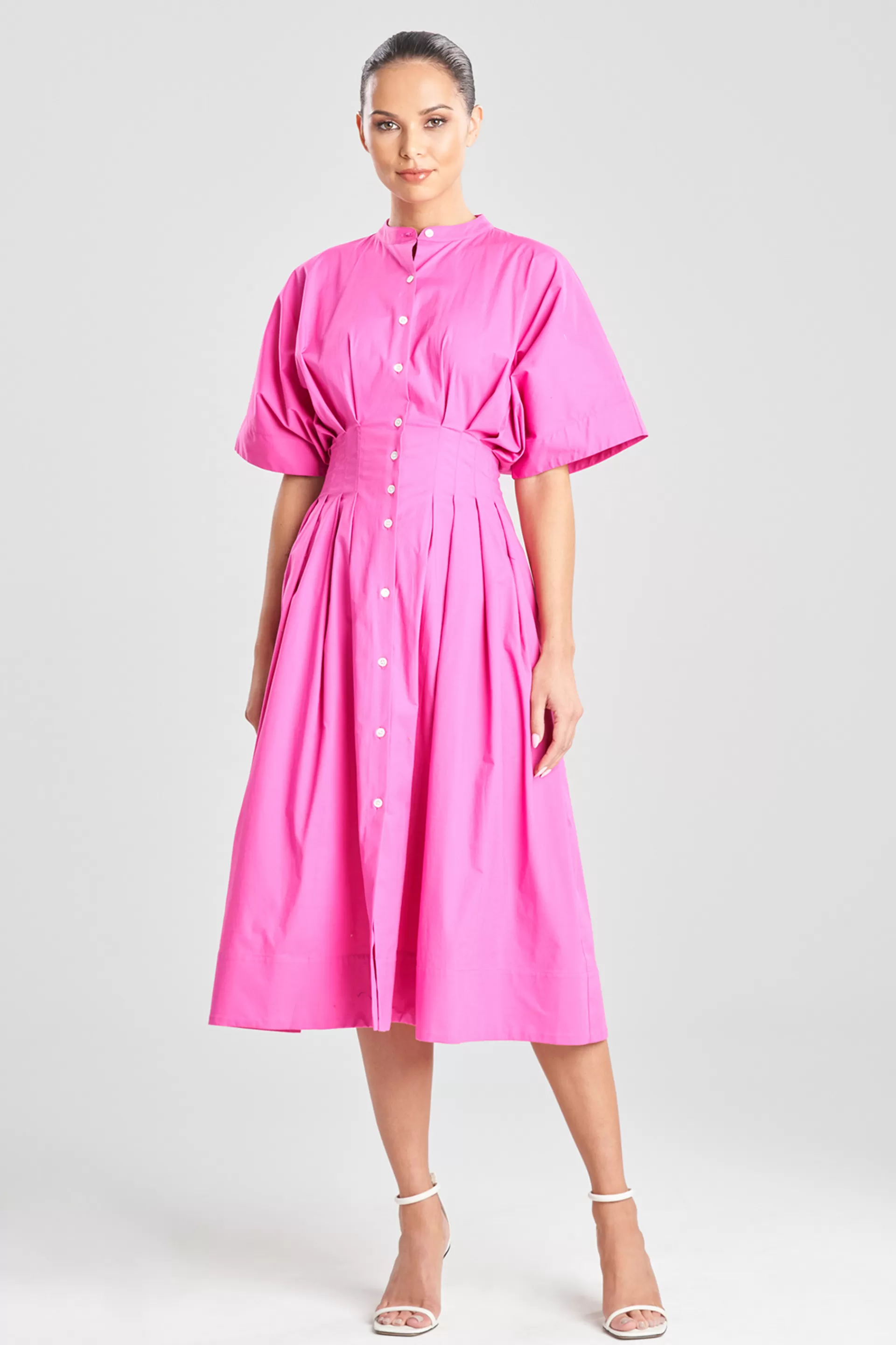 Natori Dresses | Wedding Guest Dresses<Cotton Poplin Cinched Mandarin Dress Pink Sapphire