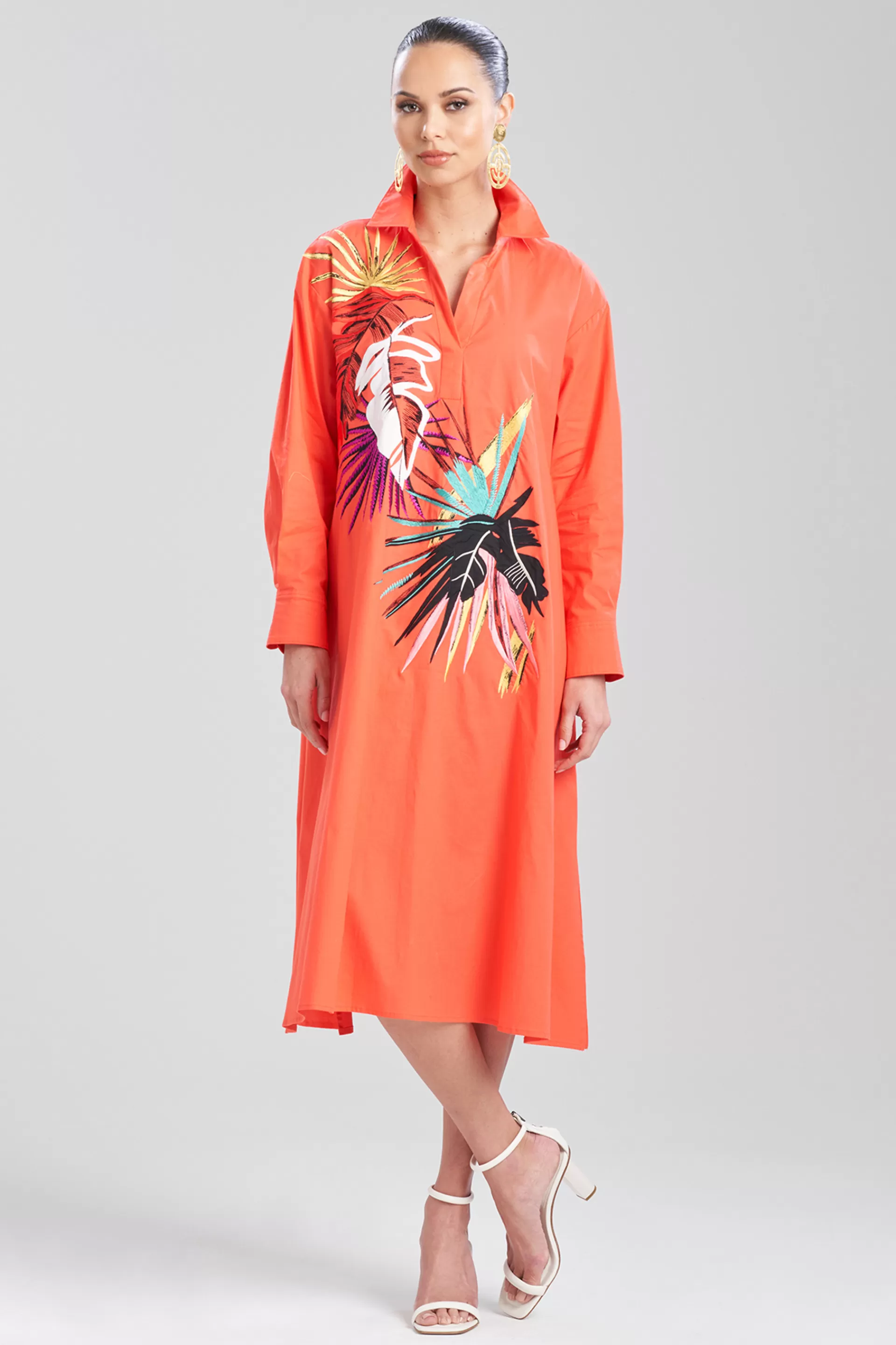 Natori Dresses<Cotton Poplin El Nido Embroidered Shirtdress Bright Heather Coral