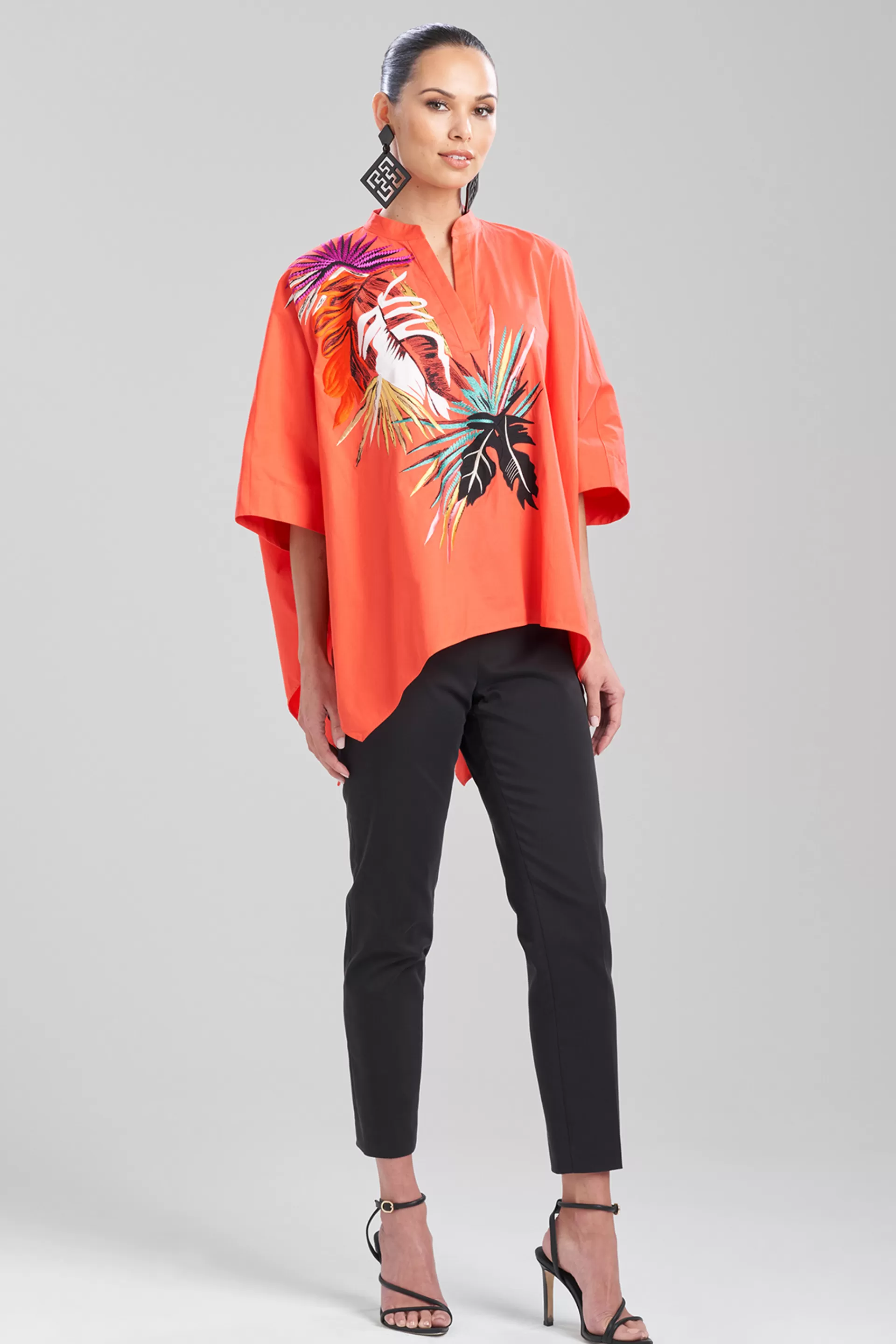 Natori Tops, Shirts & Tunics<Cotton Poplin Embroidered Mandarin Top Bright Heather Coral