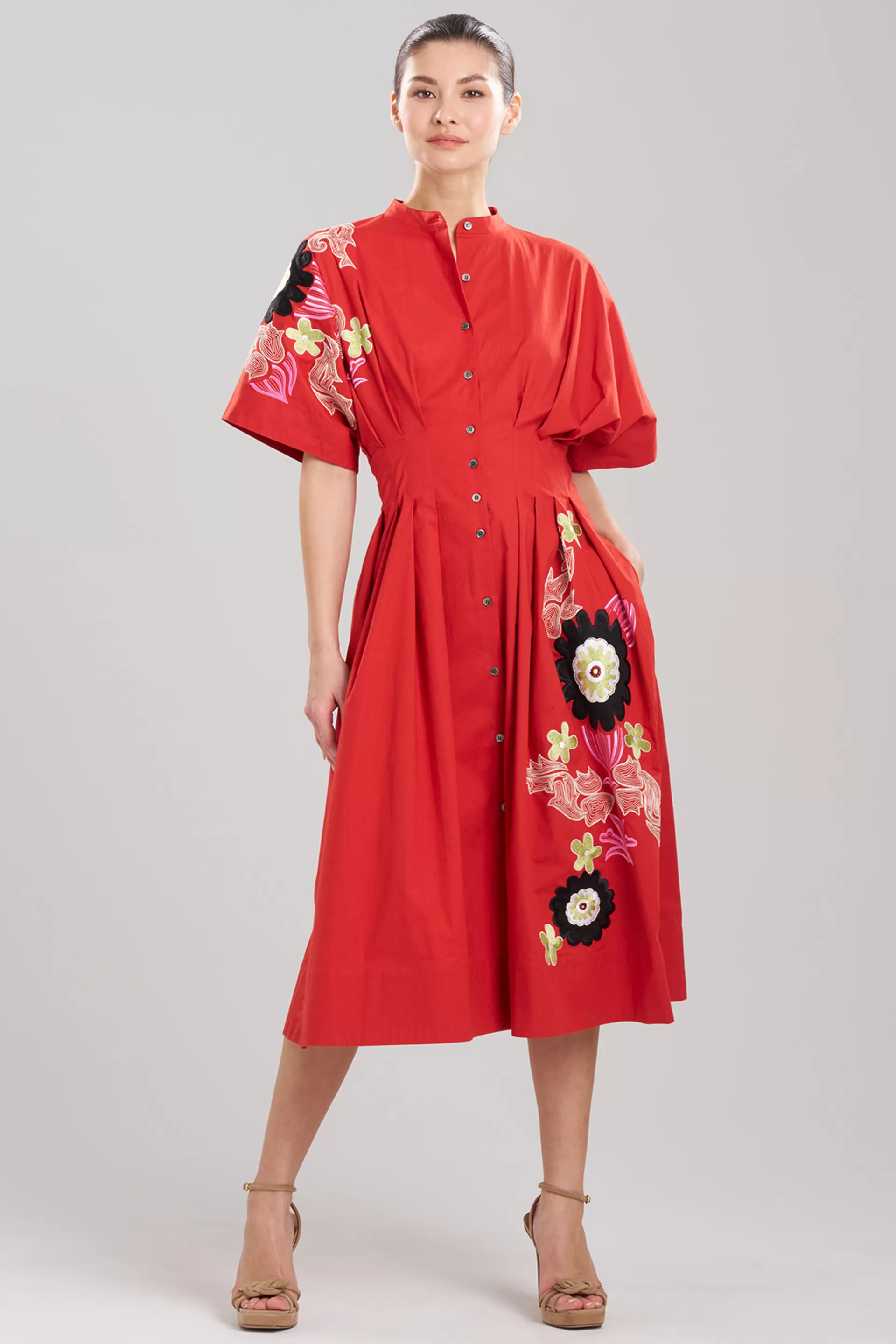 Natori Dresses<Cotton Poplin Embroidered Maxi Pleated Dress Burnt Red