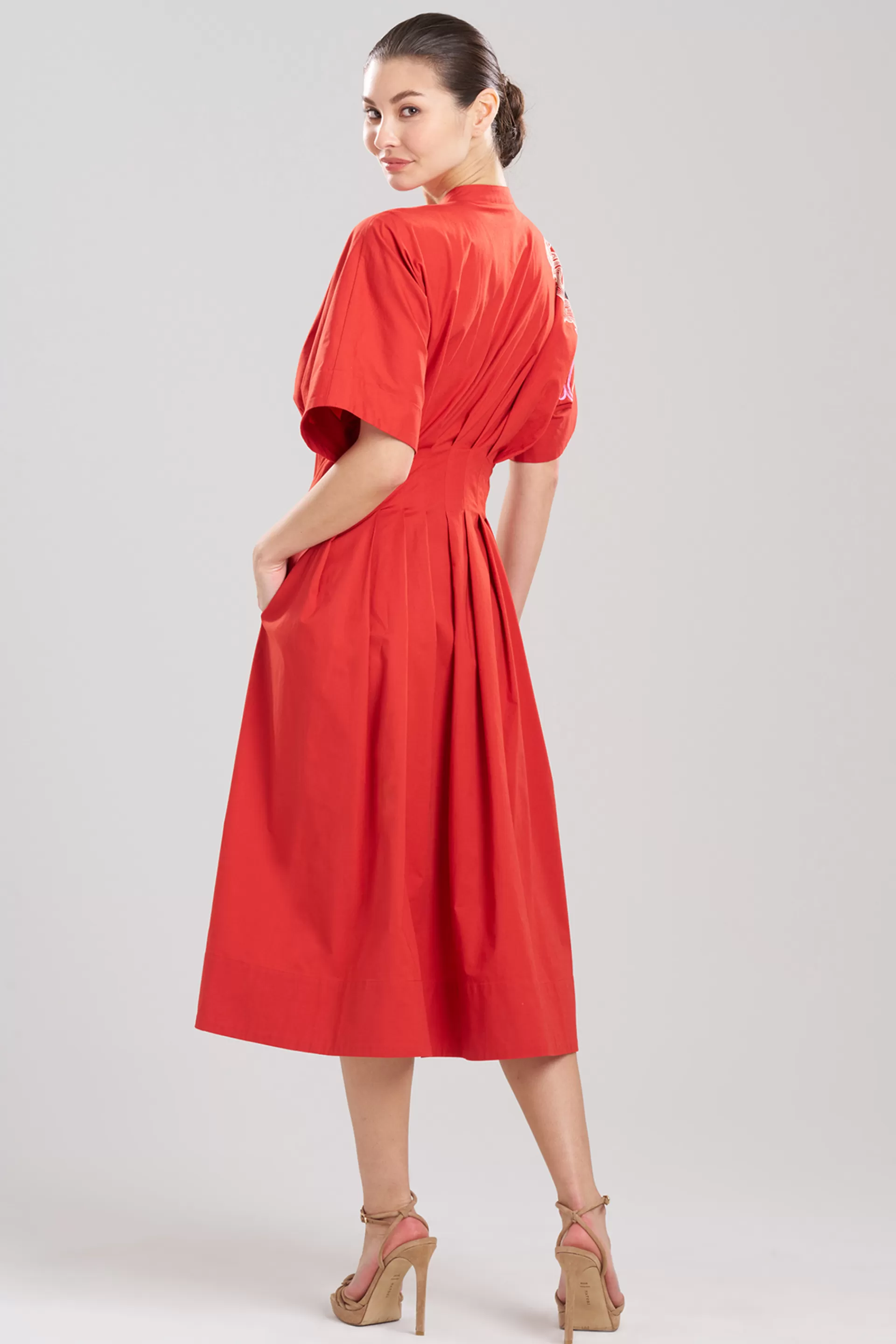 Natori Dresses<Cotton Poplin Embroidered Maxi Pleated Dress Burnt Red