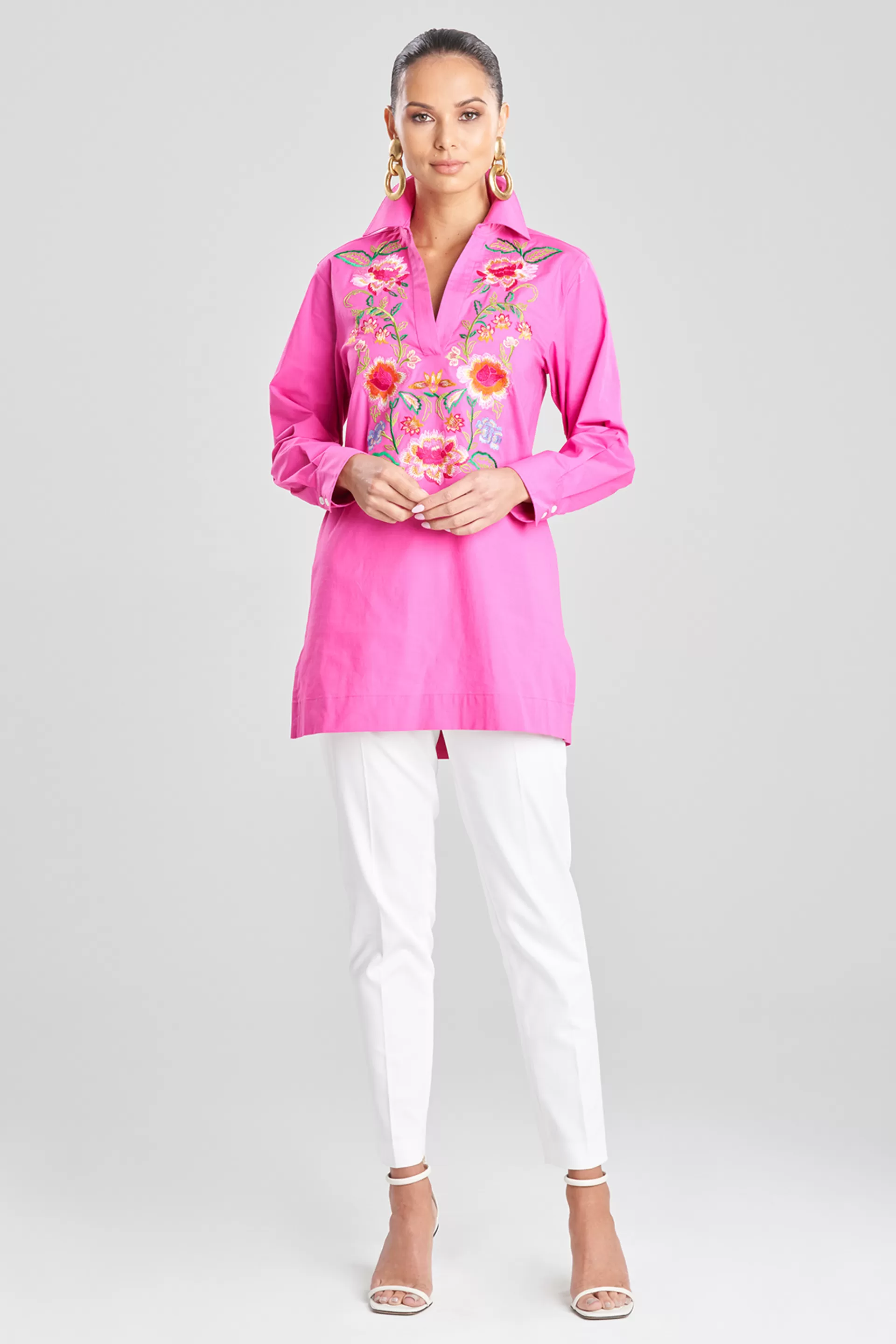 Natori Tops, Shirts & Tunics<Cotton Poplin Embroidered Oversized Top Pink Sapphire