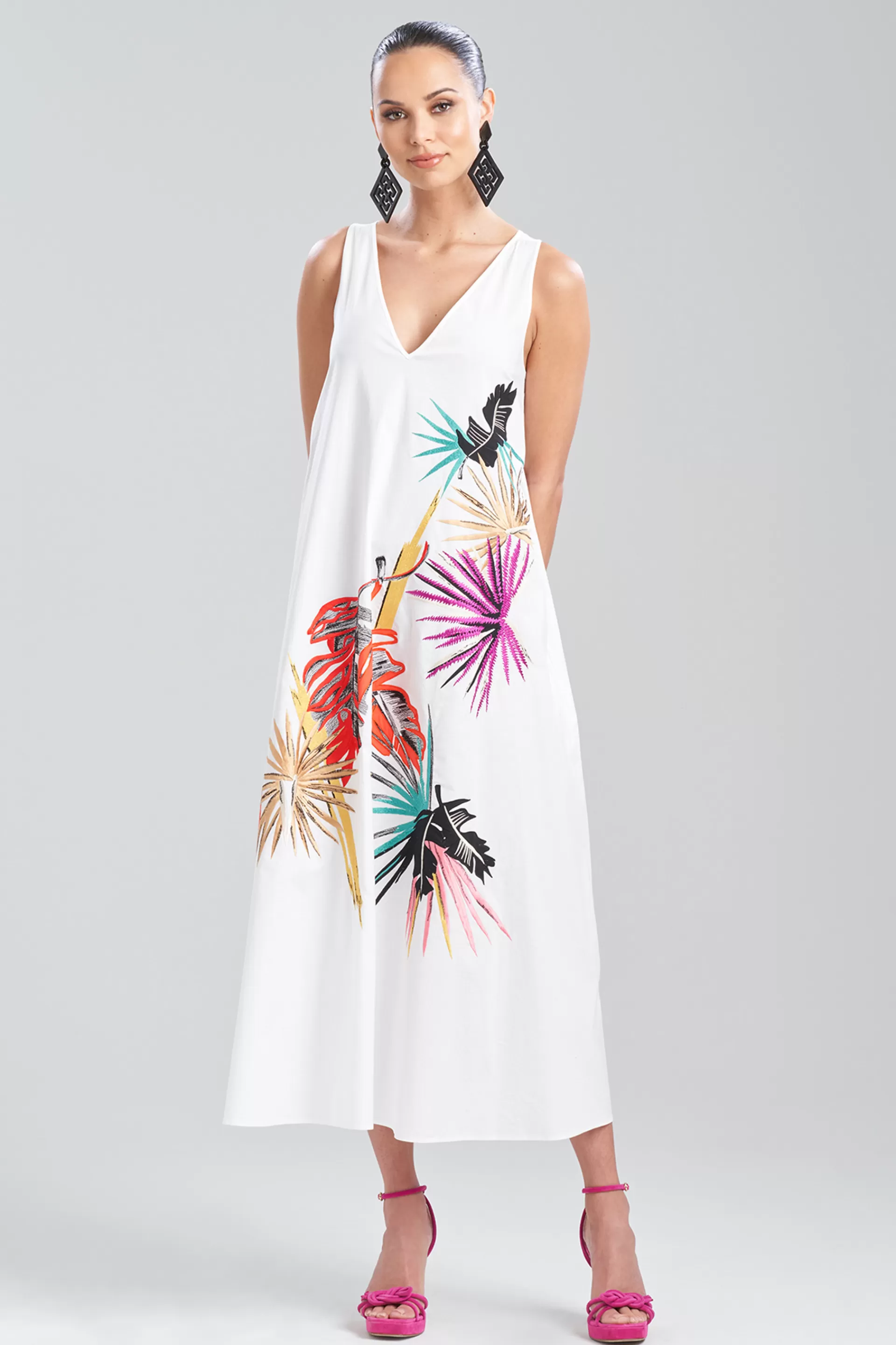 Natori Dresses<Cotton Poplin Embroidered V-Neck Dress White