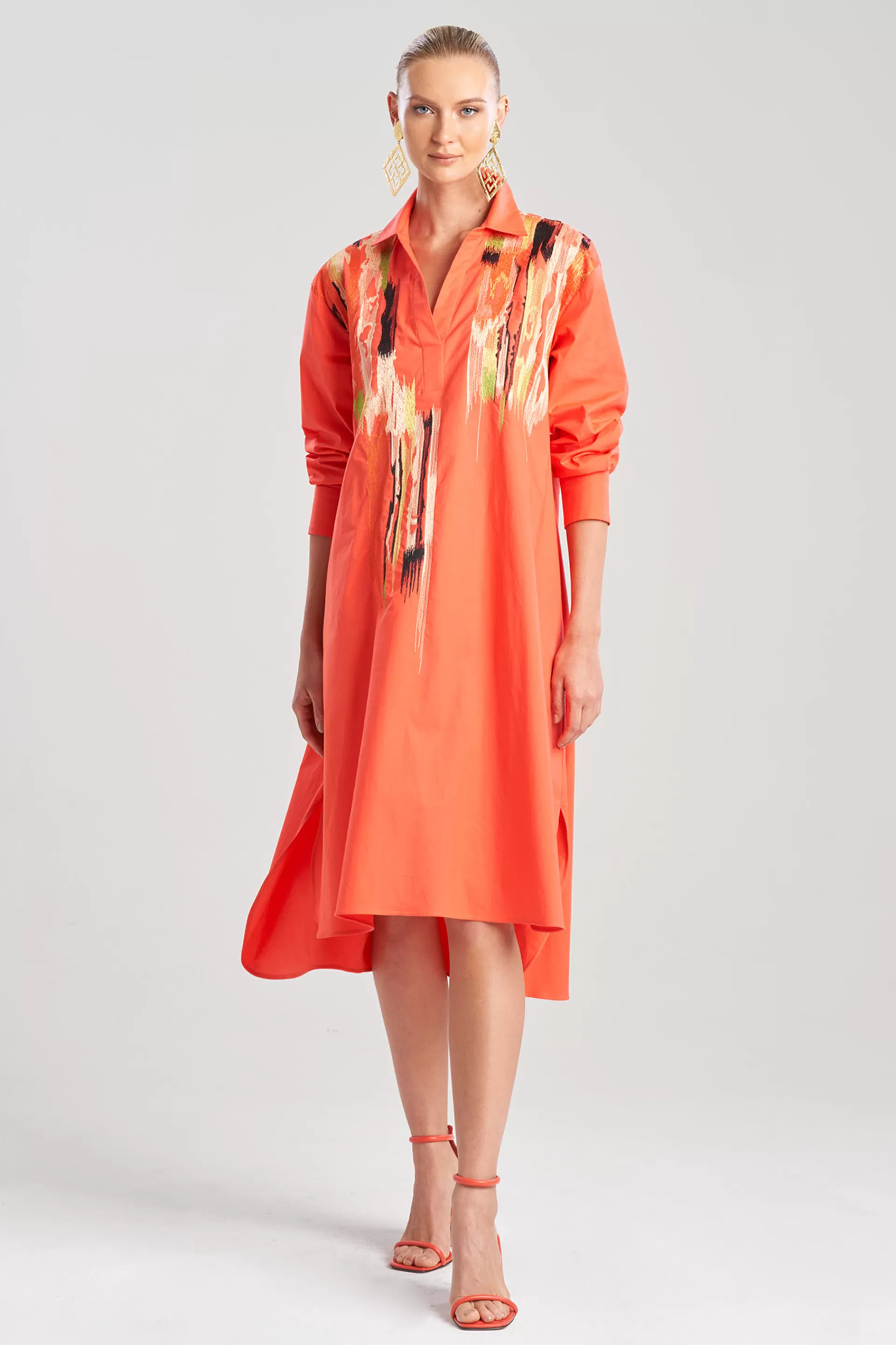 Natori Dresses<Cotton Poplin Oversized Half Placket Embroidered Shirtdress Coral