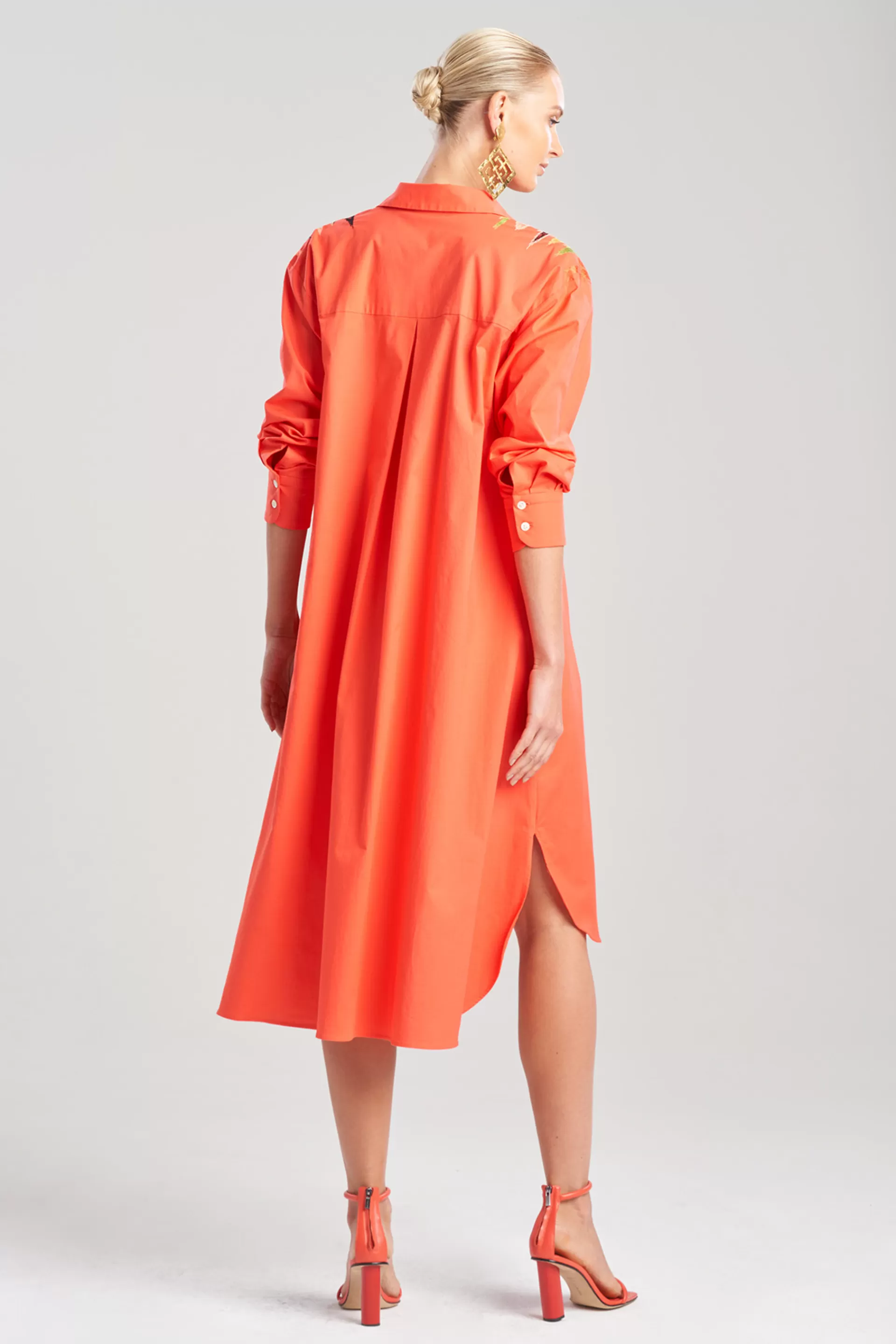 Natori Dresses<Cotton Poplin Oversized Half Placket Embroidered Shirtdress Coral