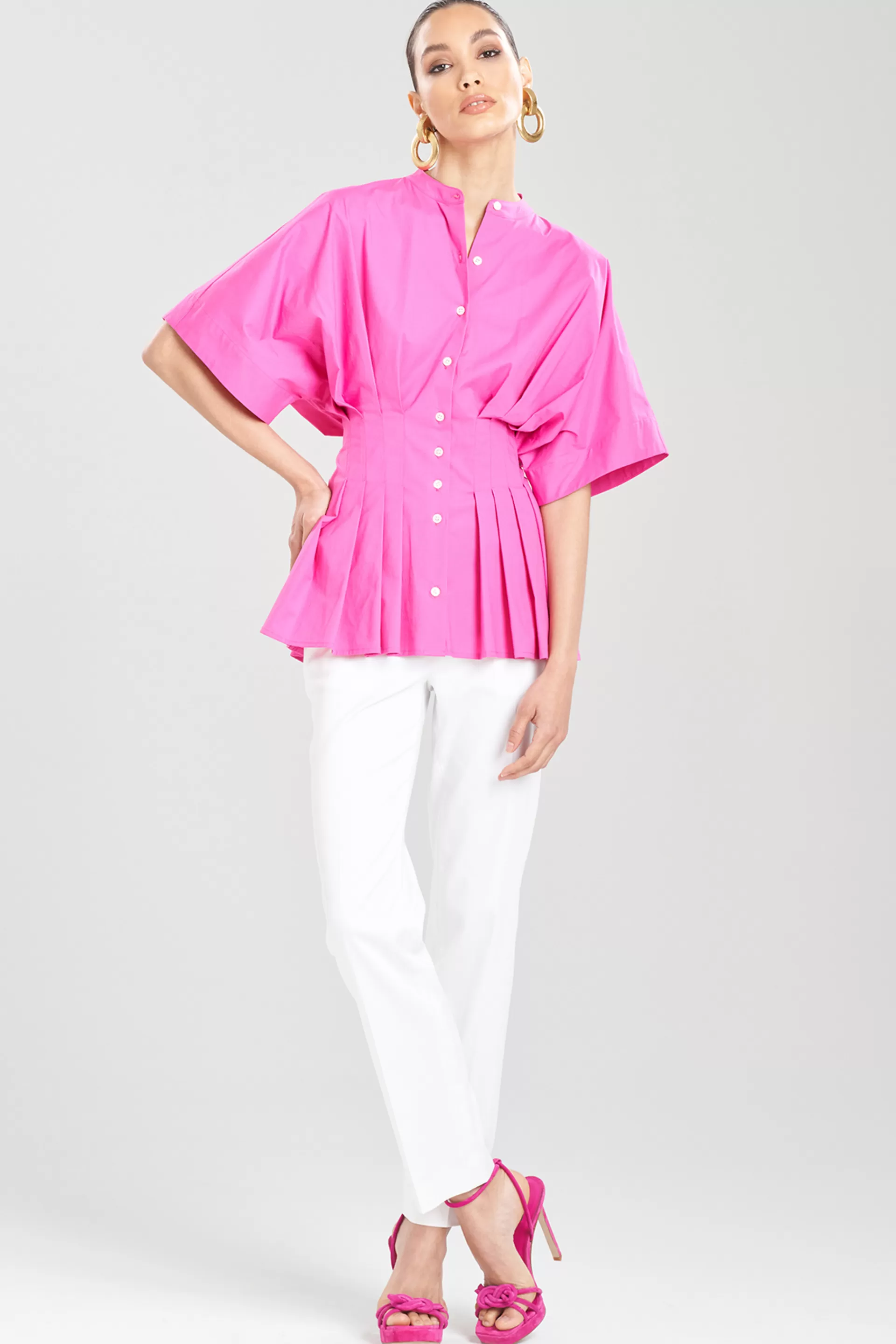 Natori Bridal Shower Outfits | Plus Sizes<Cotton Poplin Pleated Mandarin Top