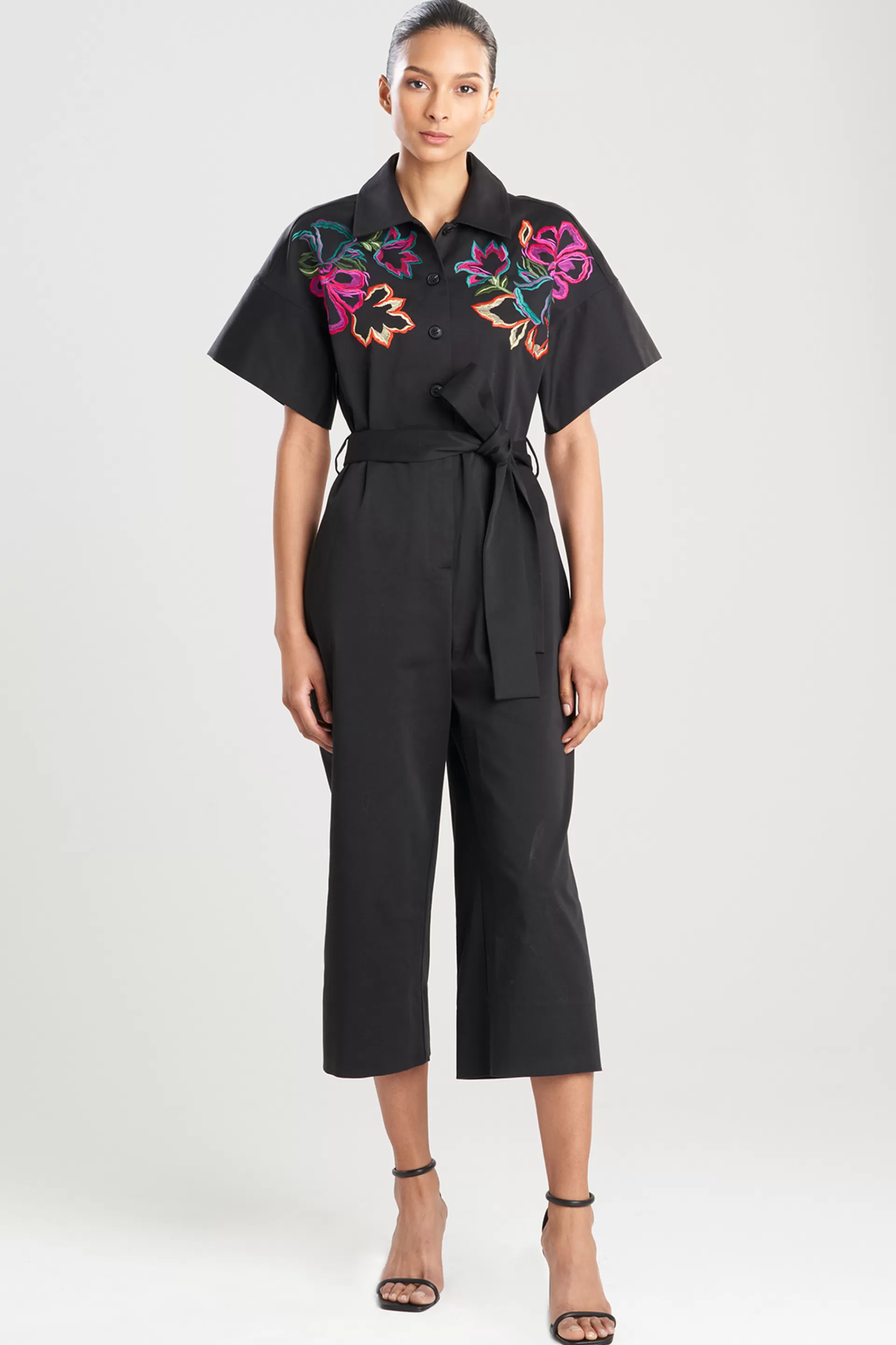 Natori Jumpsuits<Cotton Sateen Embroidered Jumpsuit Black