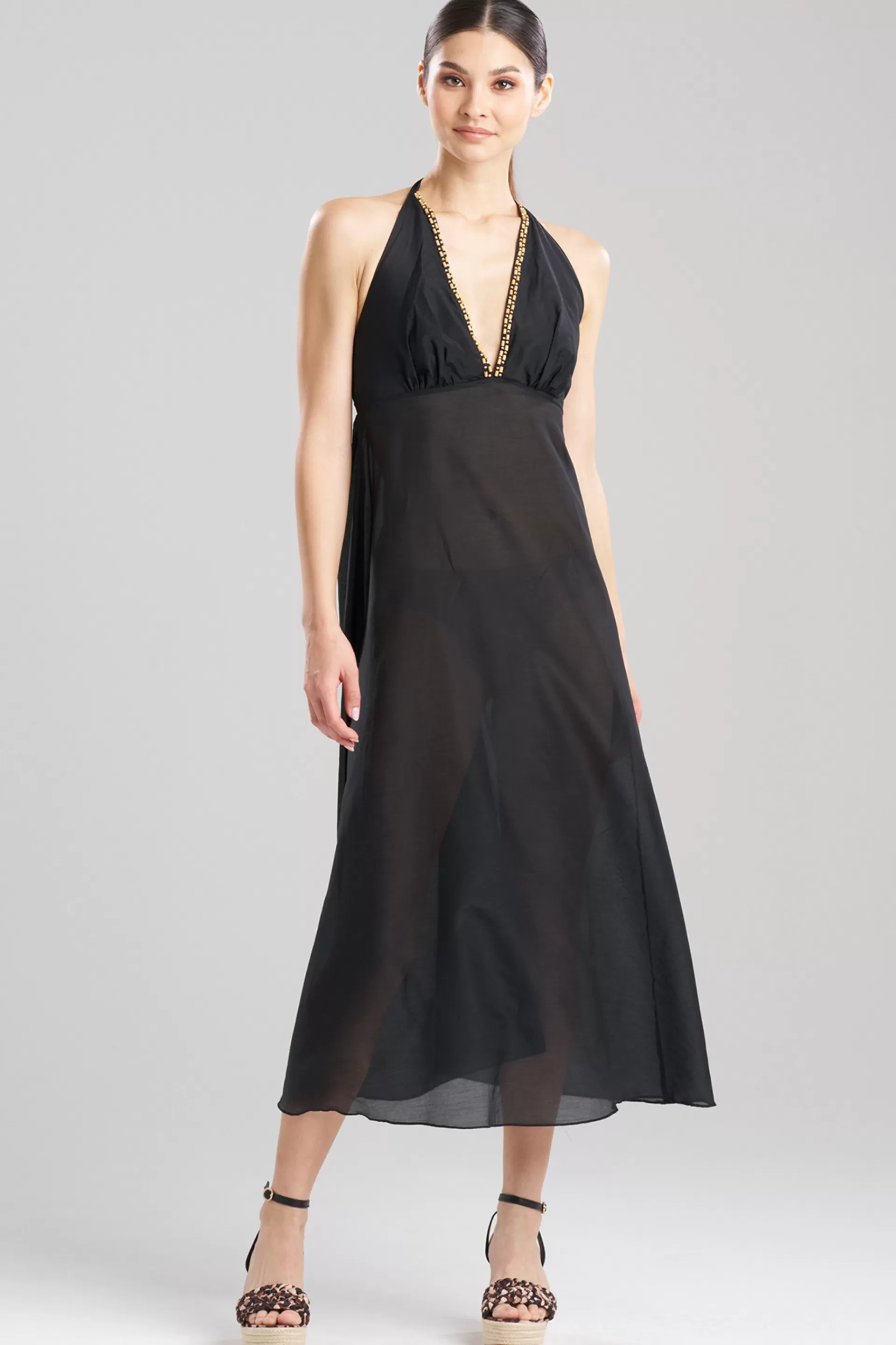 Natori Beach Dresses<Cotton Silk Voile Beaded Sheer Halter Dress Black