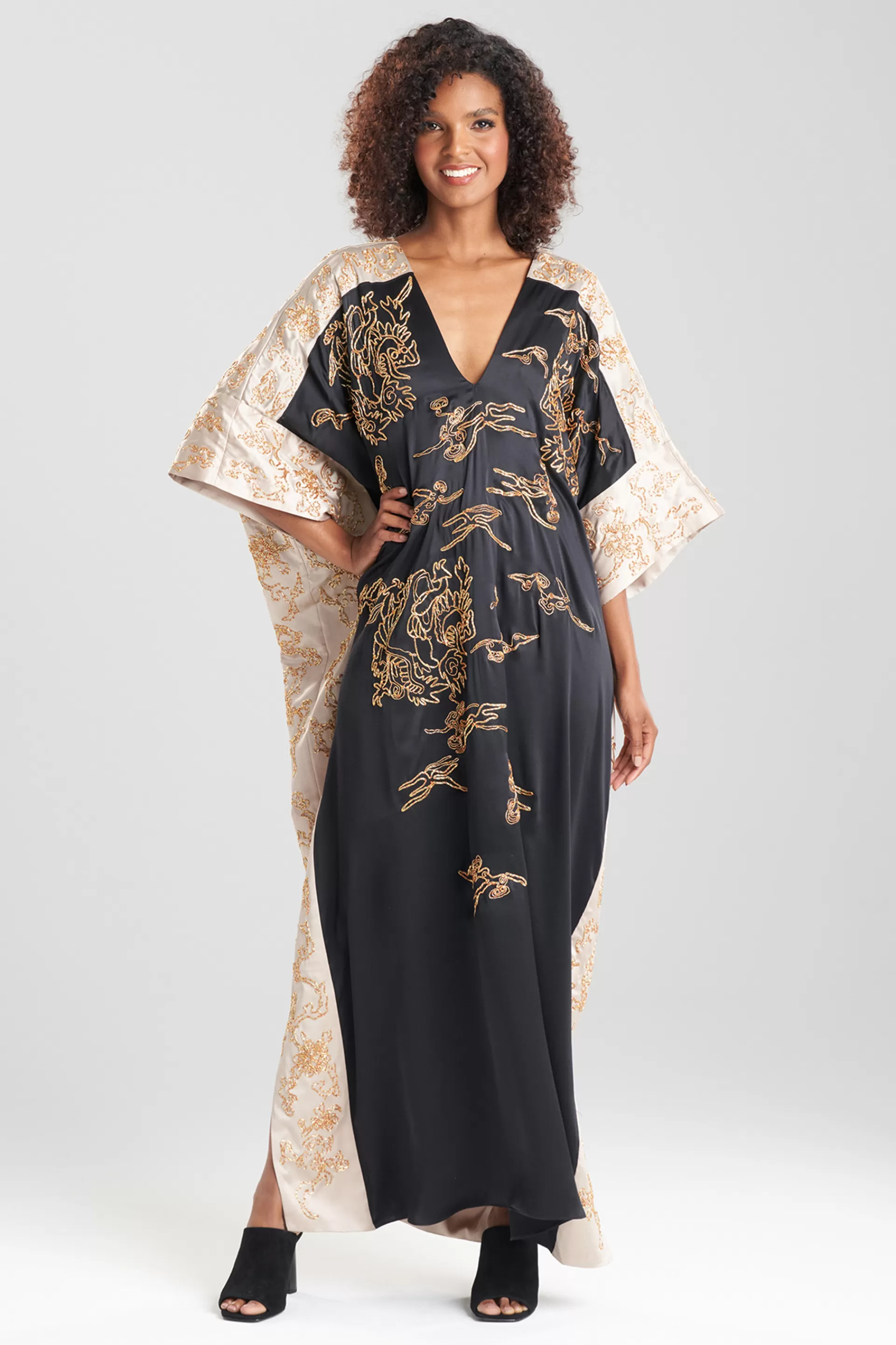 Natori Couture Caftans<Couture Dragon Embroidered Cocoon Silk Caftan Black