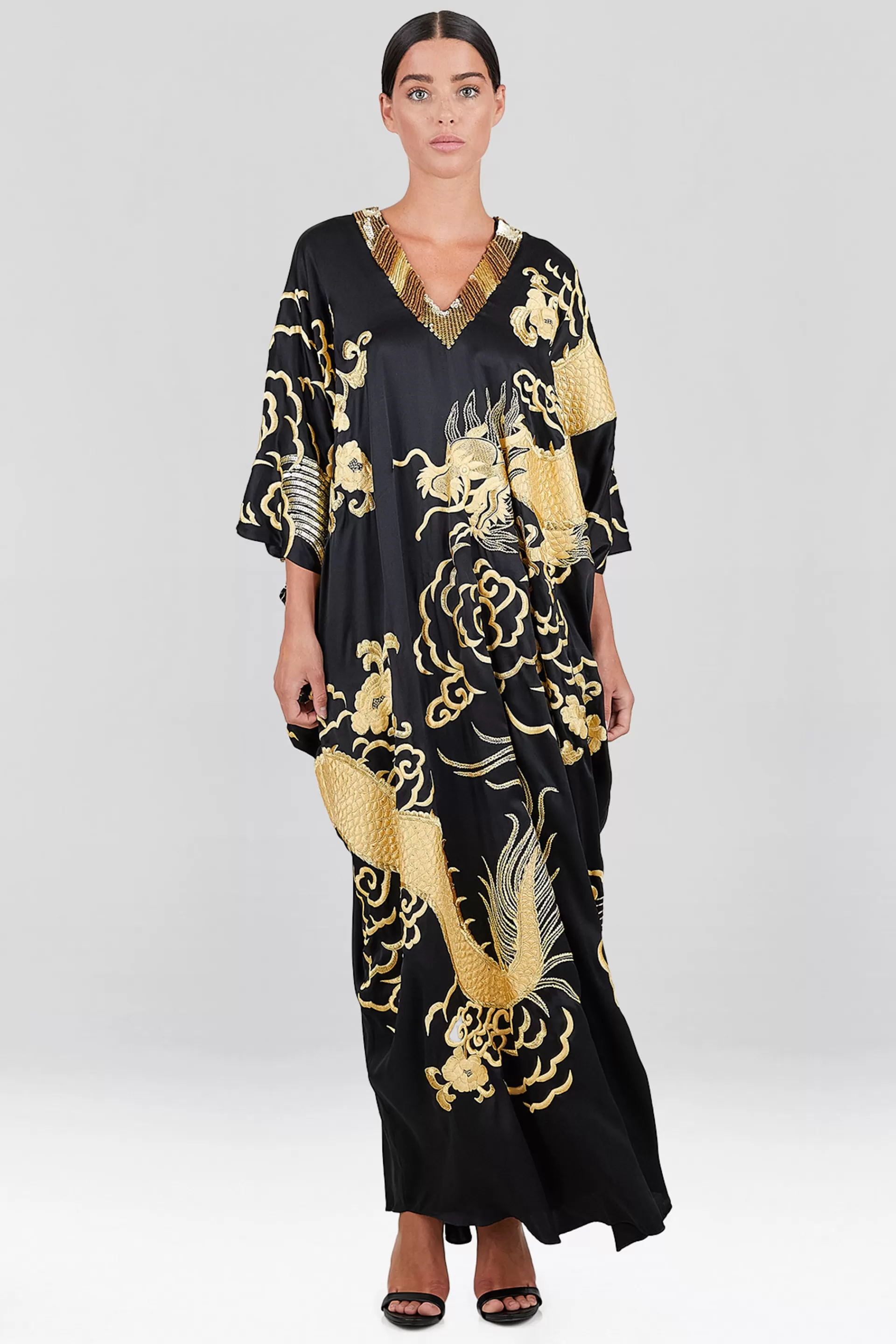 Natori Couture Caftans<Couture Embroidered Dragon Caftan Black