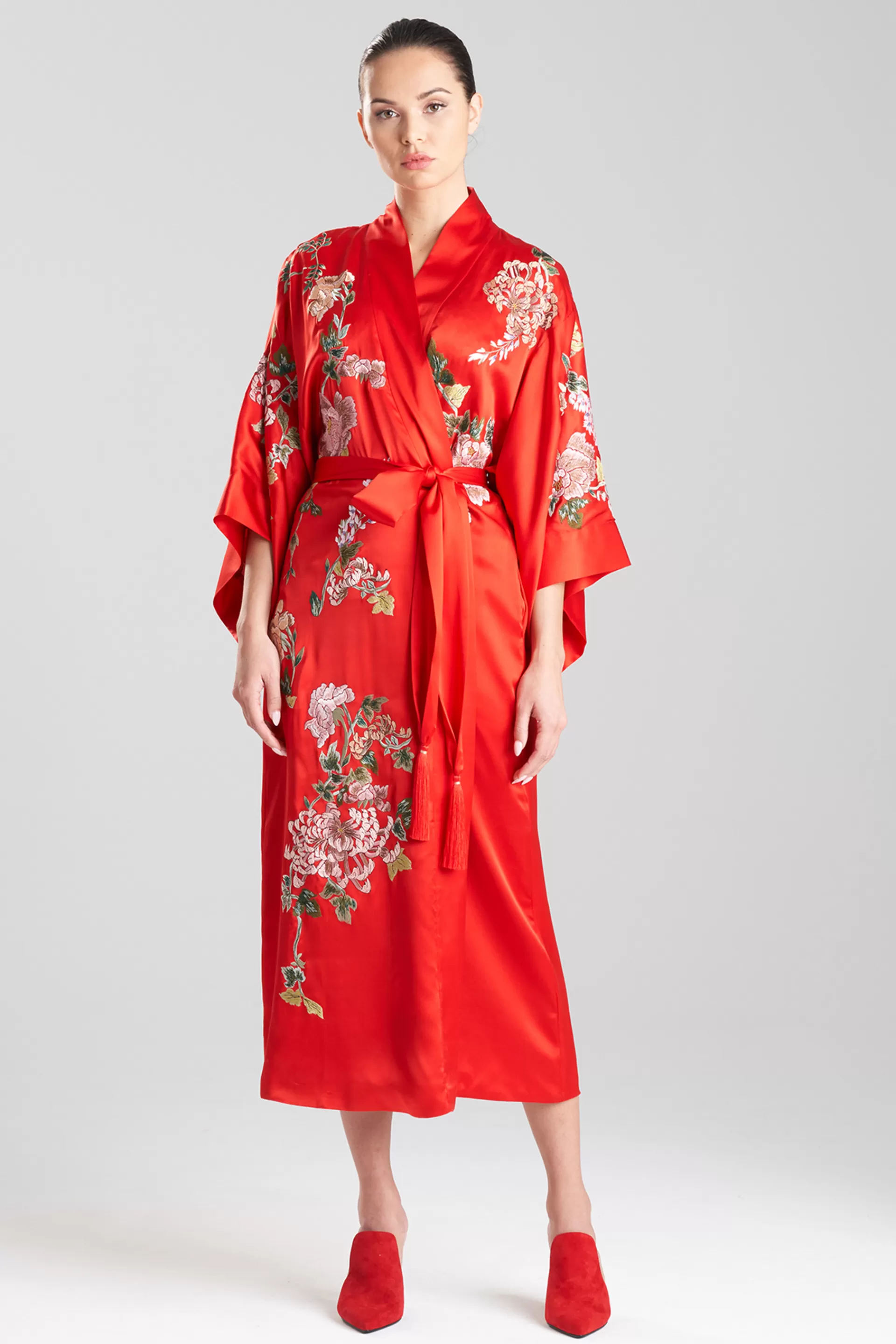 Natori Robes & Kimonos | Couture Robes<Couture Kairaku Garden Embroidered Long Silk Robe Scarlet