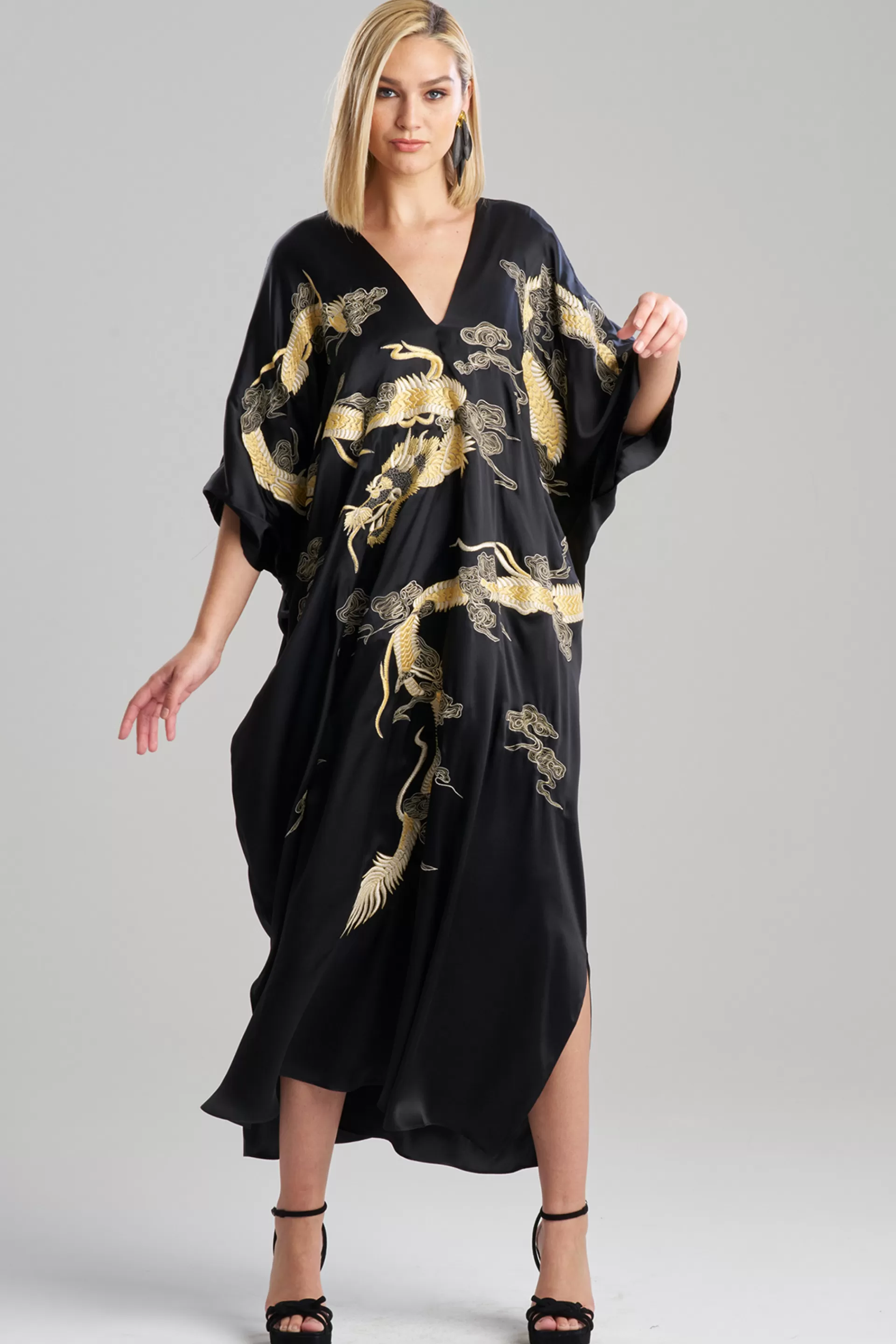 Natori Couture Caftans<Couture Lucky Dragon Embroidered Cocoon Silk Caftan Black