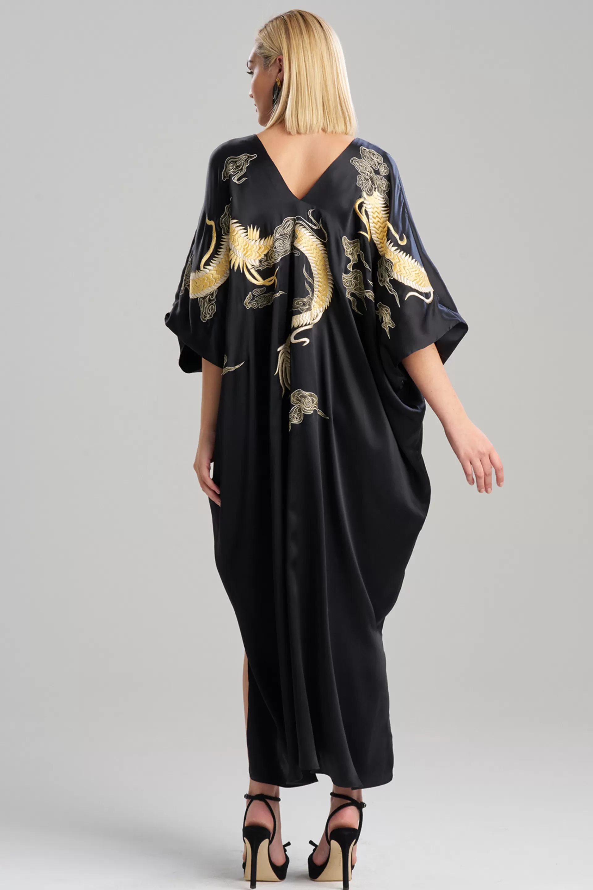 Natori Couture Caftans<Couture Lucky Dragon Embroidered Cocoon Silk Caftan Black