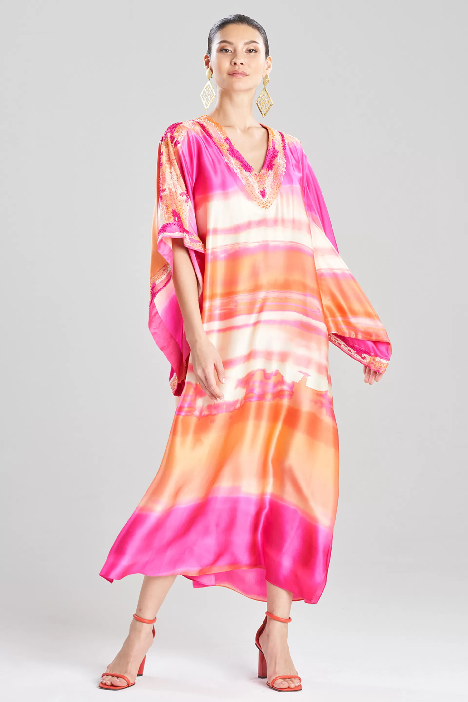 Natori Caftan Dresses | Couture Caftans<Couture Minako Embroidered Drop Sleeve Silk Caftan Pink Sapphire