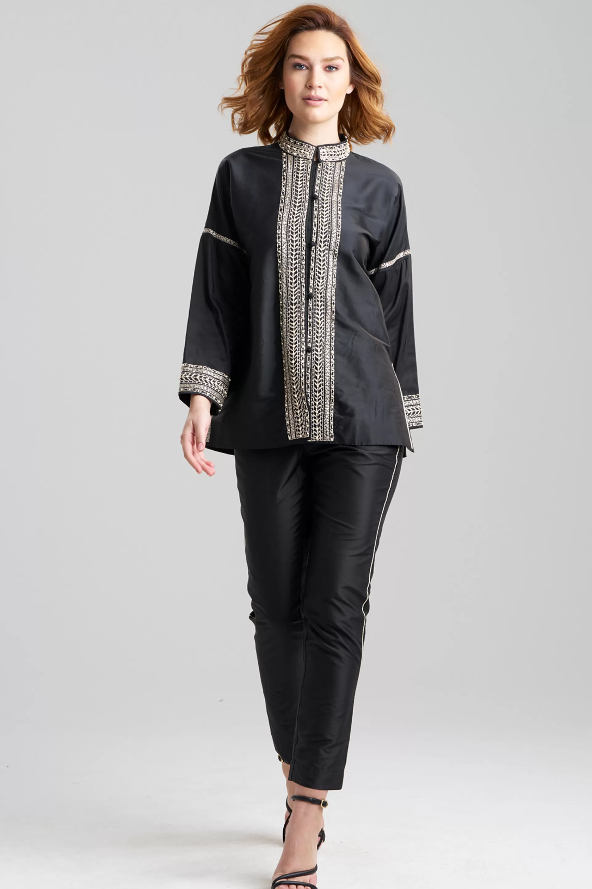 Natori Jackets & Outerwear | Couture Coats<Couture Silk Dupioni Embroidered Mandarin Jacket Black