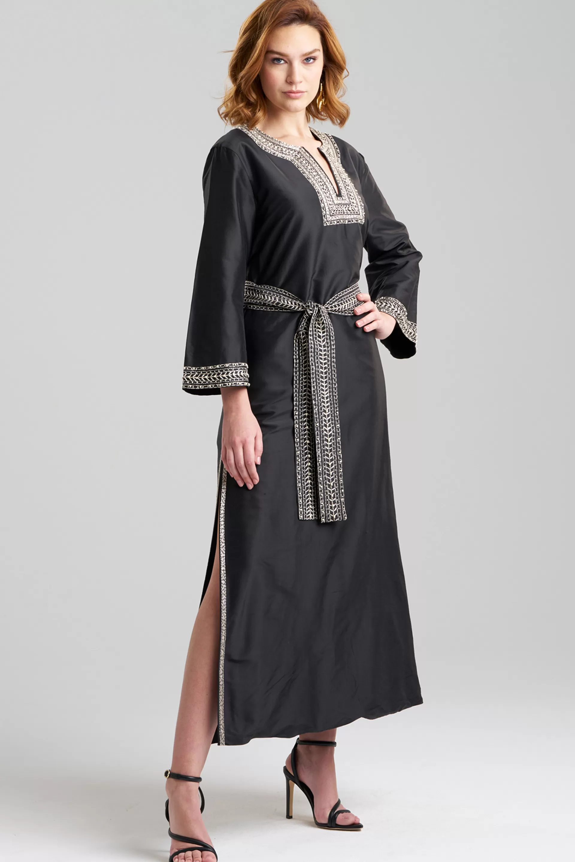 Natori Couture Caftans<Couture Silk Dupioni Embroidered Trim Caftan Black