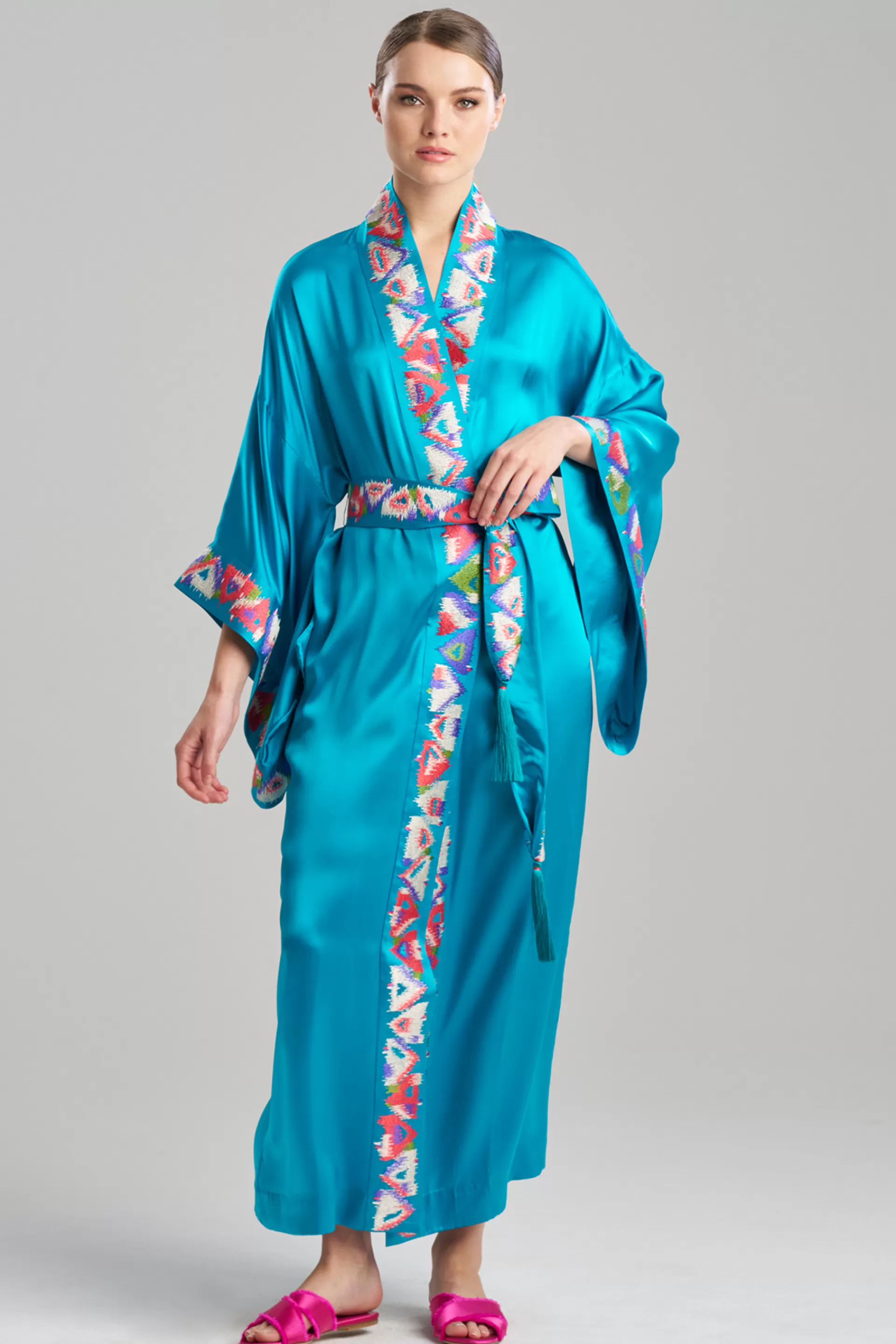 Natori Robes & Kimonos | Couture Robes<Couture Toulouse Embroidered Drop Sleeve Silk Robe Mediterranean Blue