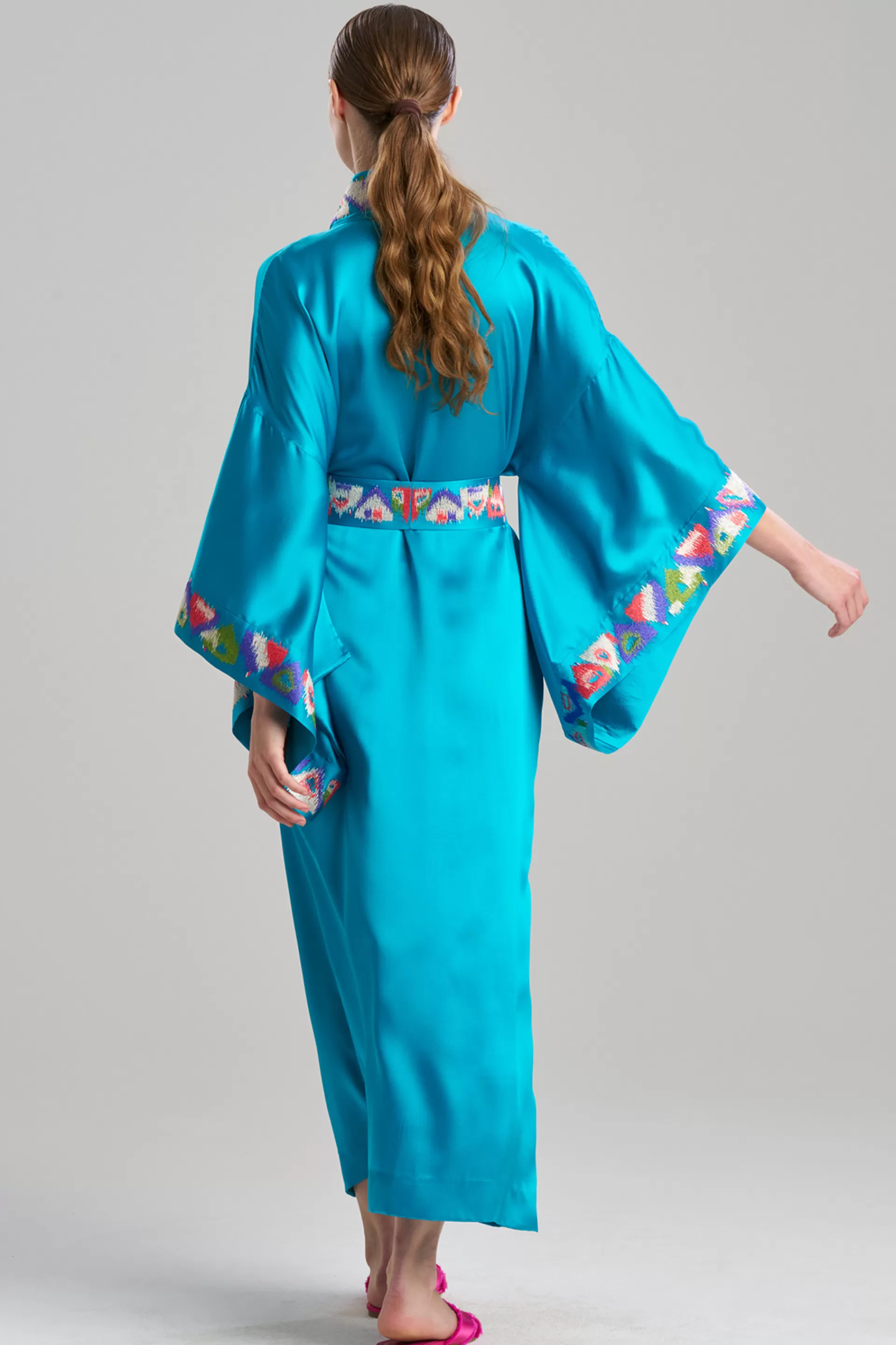 Natori Robes & Kimonos | Couture Robes<Couture Toulouse Embroidered Drop Sleeve Silk Robe Mediterranean Blue