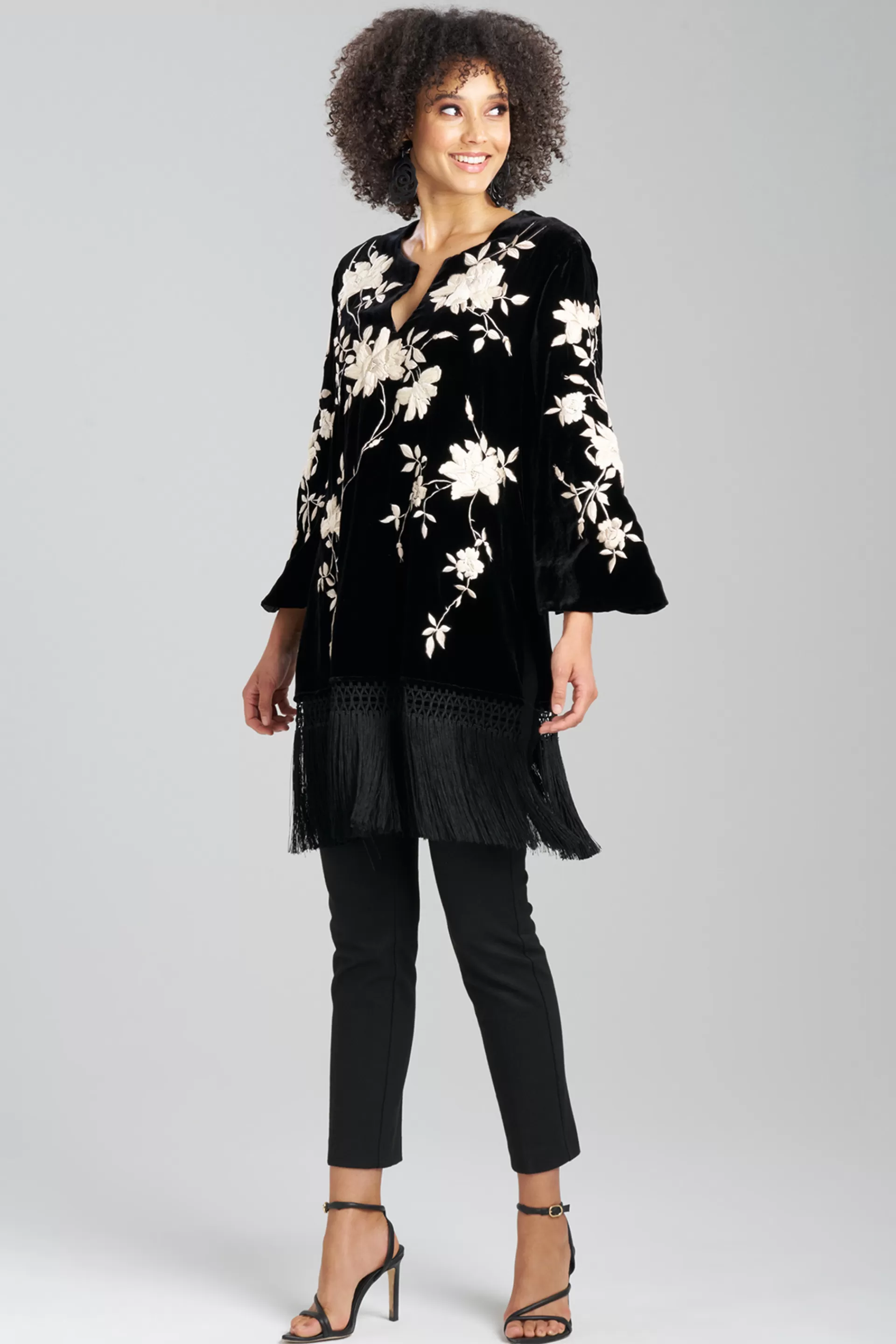 Natori Tops, Shirts & Tunics | Couture Tops<Couture Velvet Silk Embroidered Fringe Tunic Black