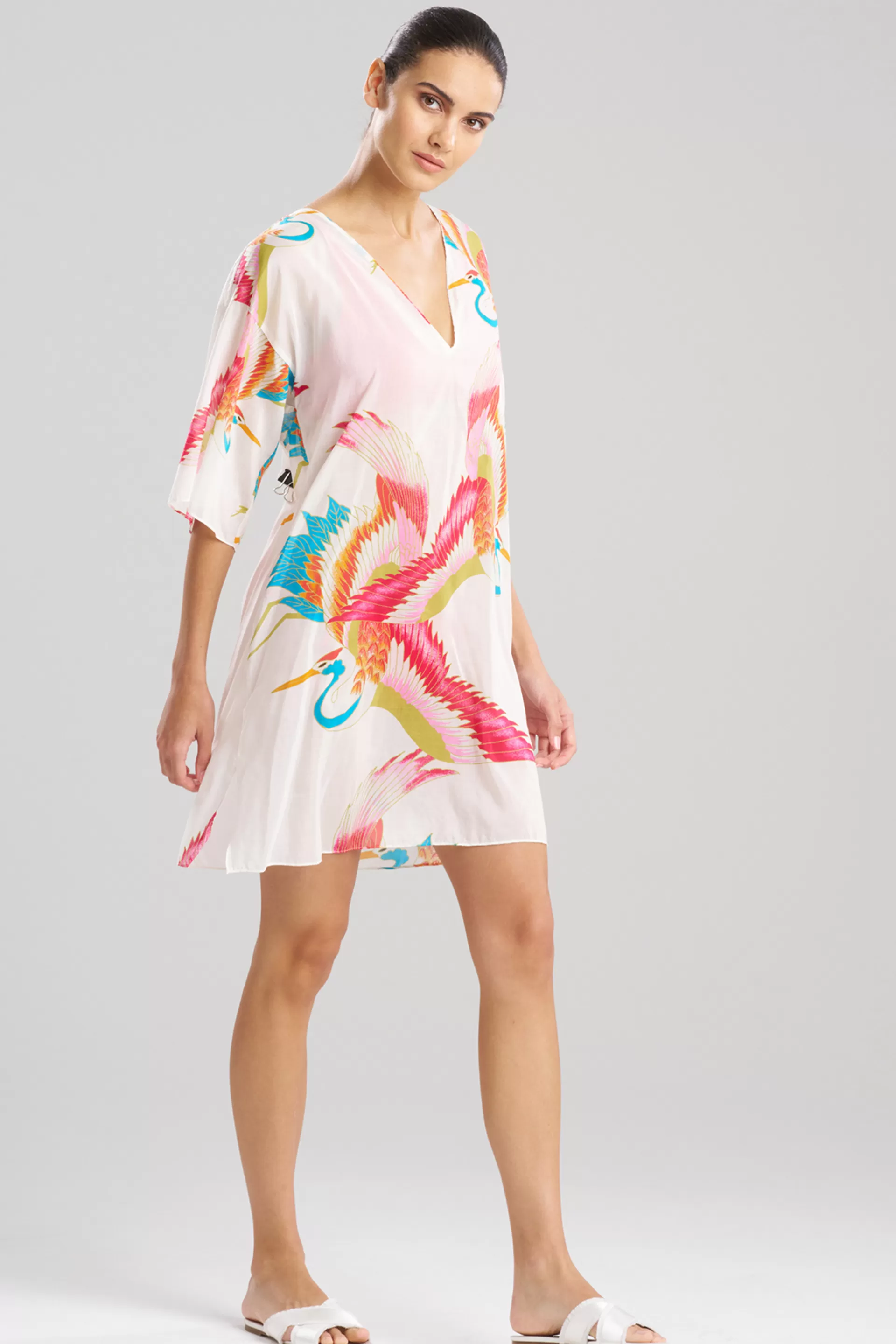 Natori Beach Caftans<Crane Cotton Silk Sheer Tunic White Multi