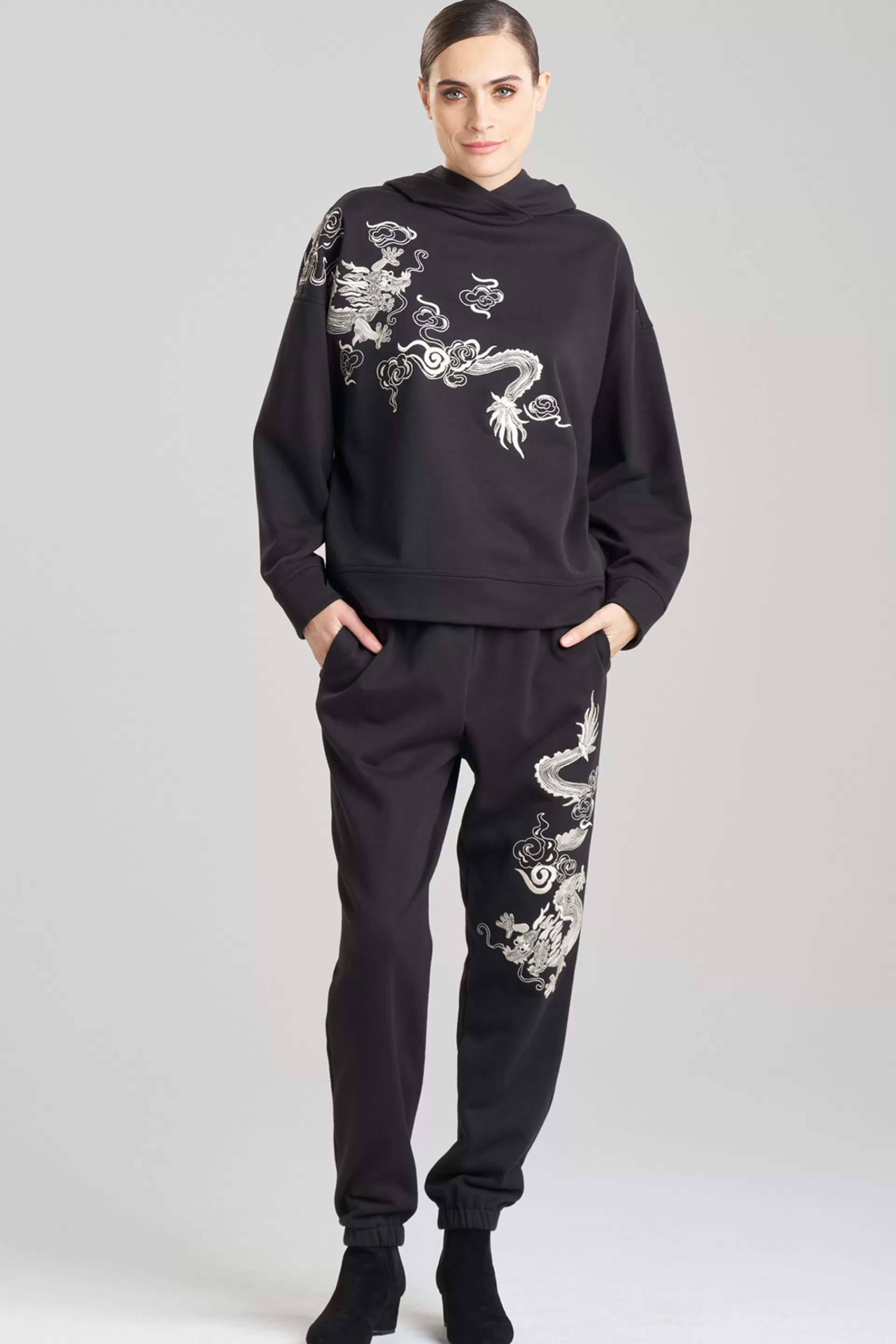 Natori Cardigans & Hoodies | Unisex<Dragon French Terry Embroidered Unisex Hoodie Black