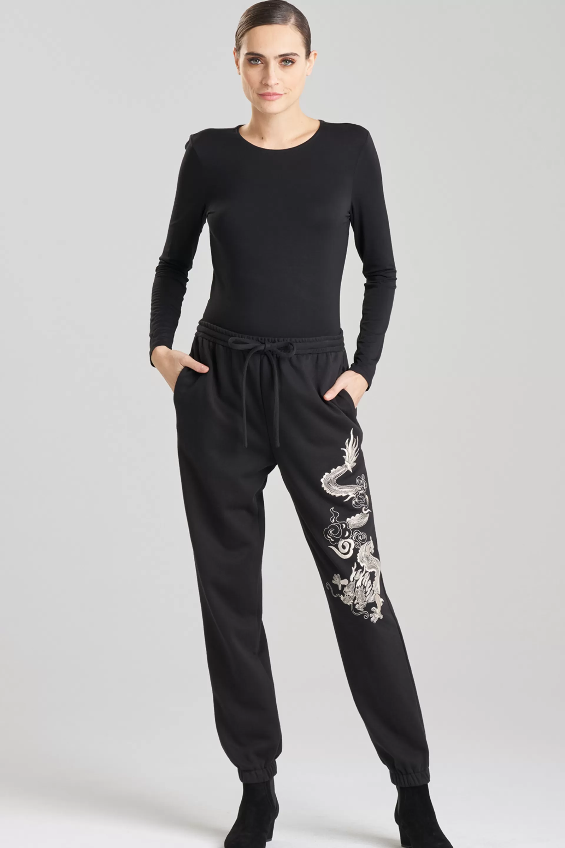 Natori Lounge Bottoms | Unisex<Dragon French Terry Embroidered Unisex Joggers Black