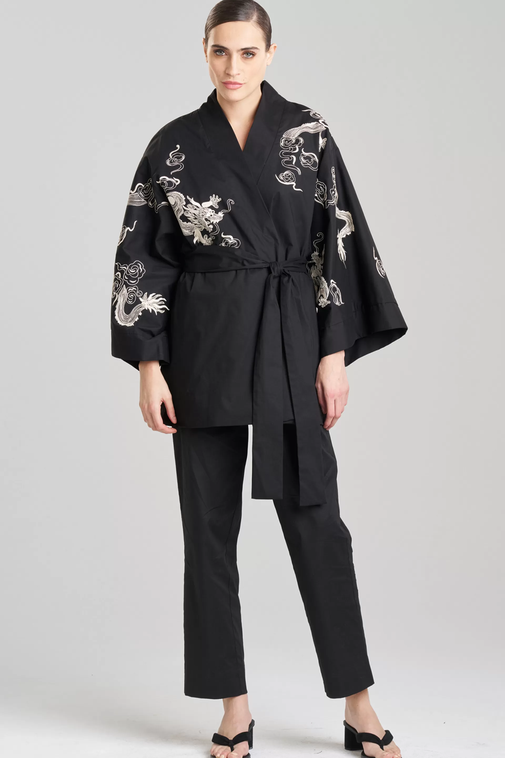 Natori Robes & Kimonos | Unisex<Dragon Techno Poplin Embroidered Unisex Kimono Black