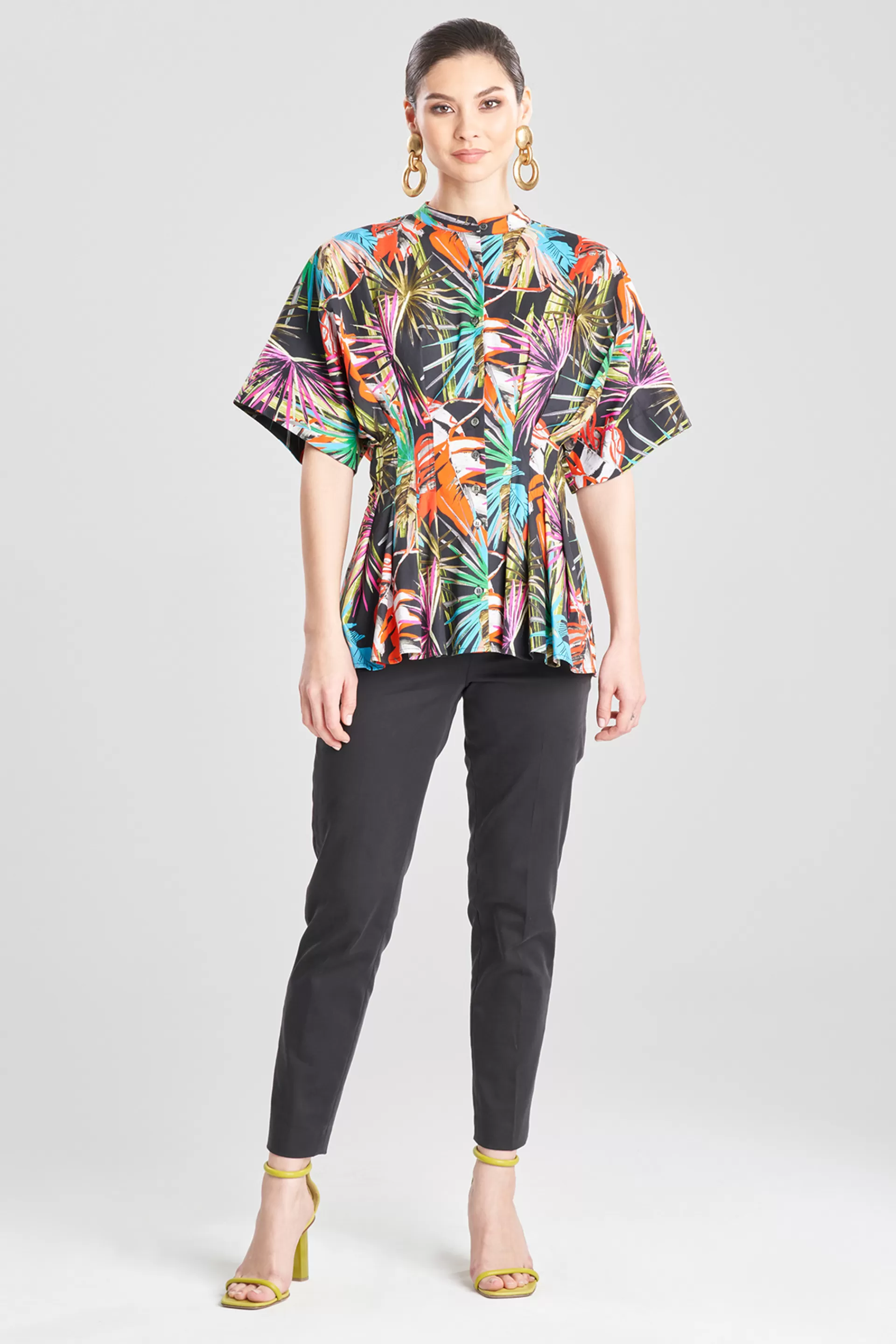 Natori Tops, Shirts & Tunics<El Nido Cotton Poplin Mandarin Pleated Top Black Multi