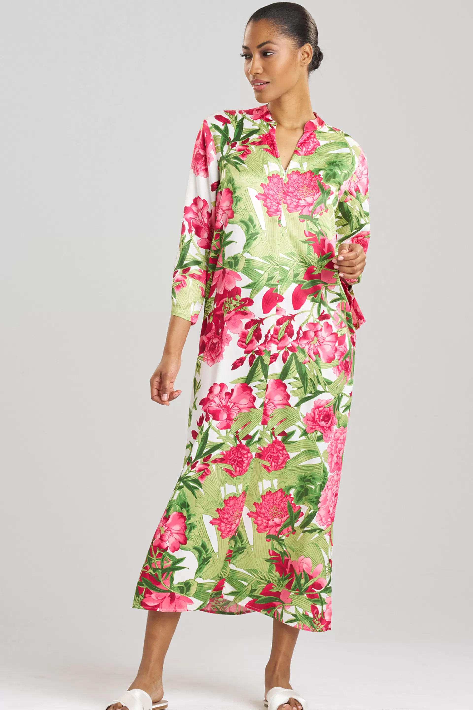 Natori Caftans | Plus Sizes<Enchanted Peony Satin Zip Caftan Warm White