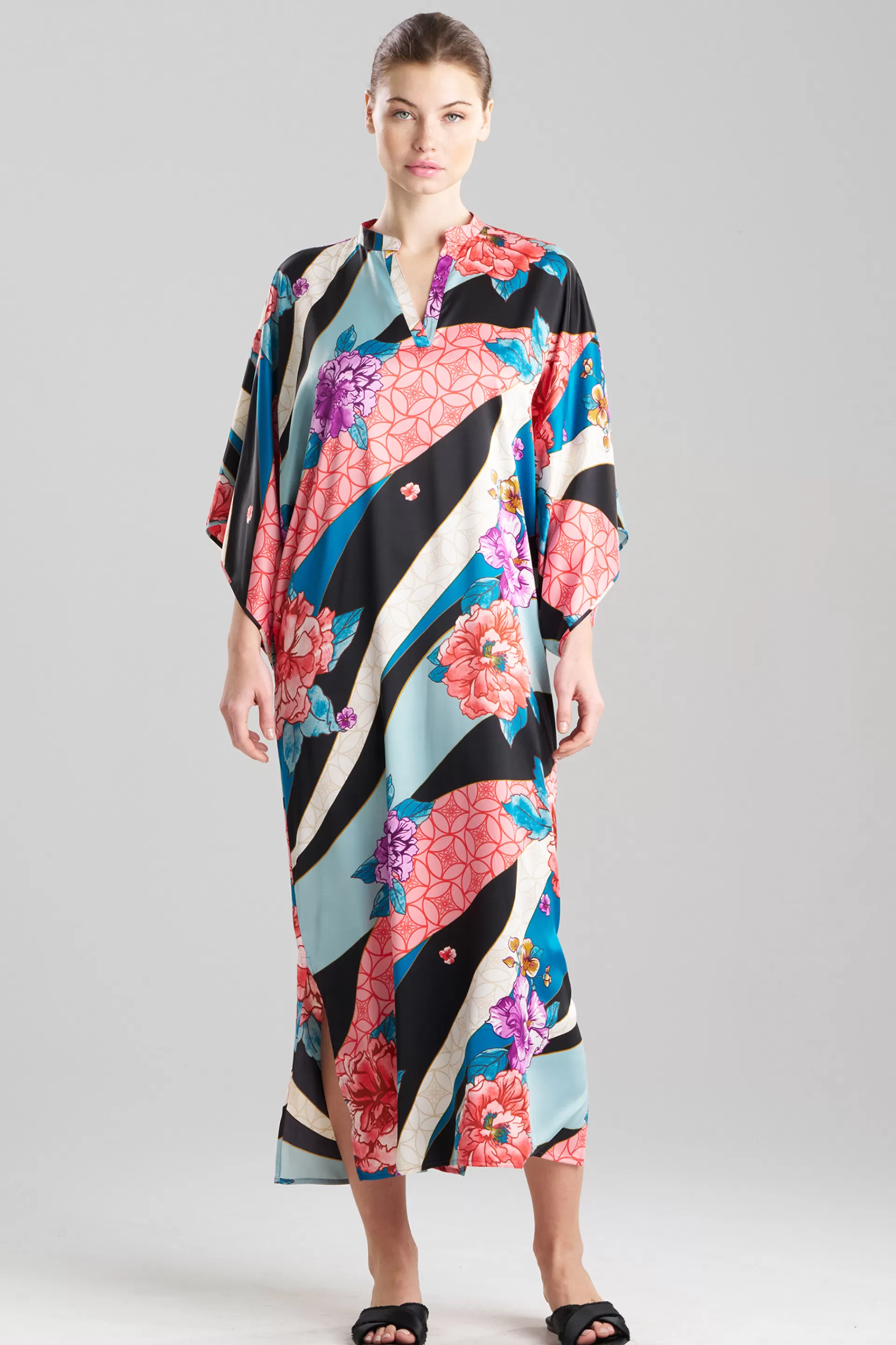 Natori Caftans | Caftan Dresses<Floral Tapestry Satin Mandarin Caftan Teal