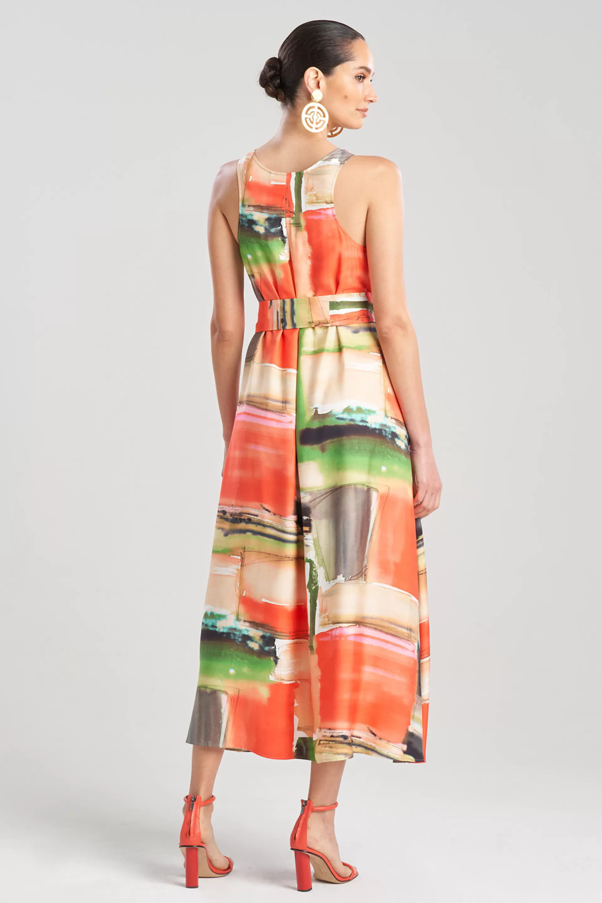 Natori Dresses<Hikaru Cotton Silk Trapeze V-Neck Belted Dress Coral