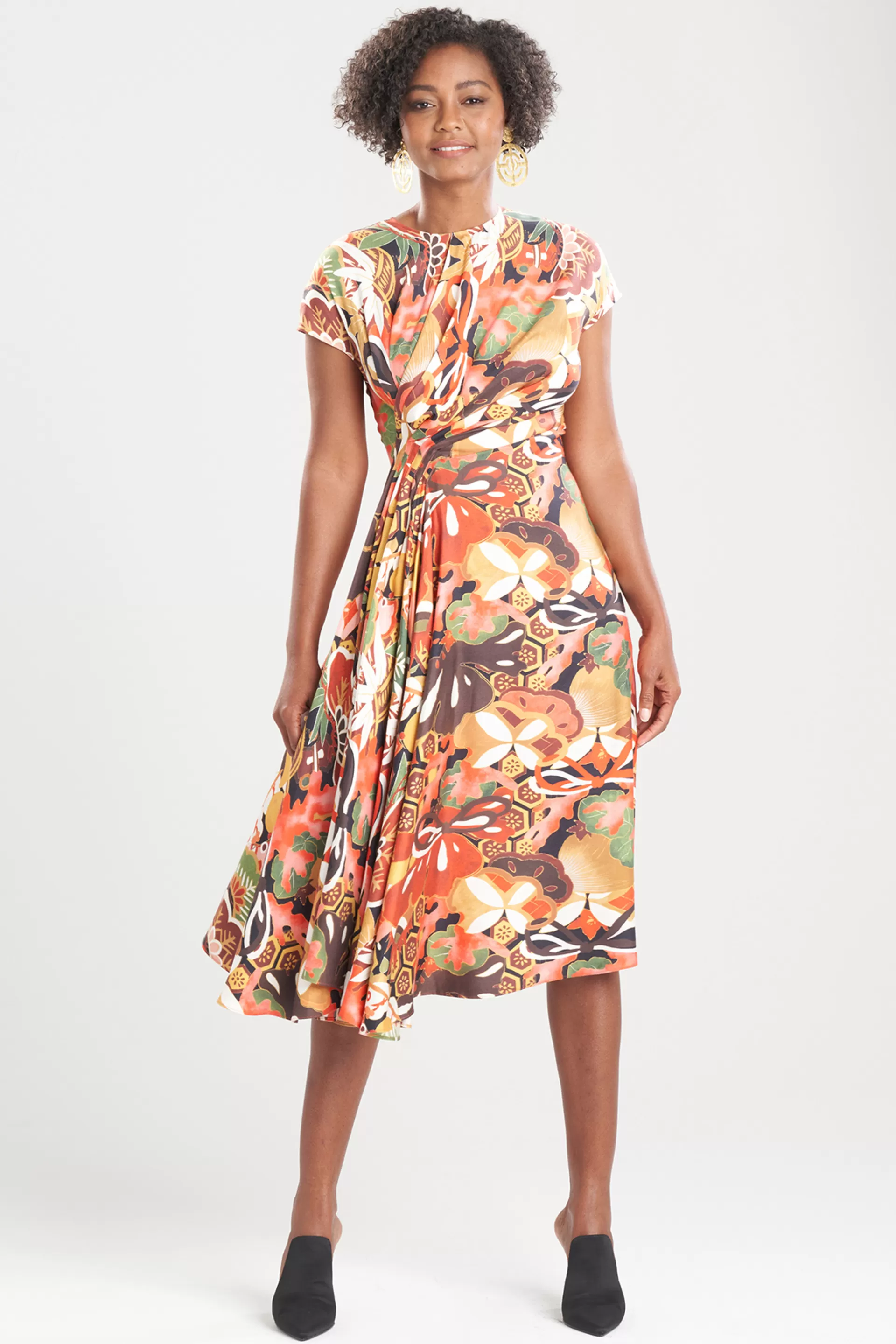 Natori Dresses<Ikebana Printed Cotton Silk Drape Dress Carnelian