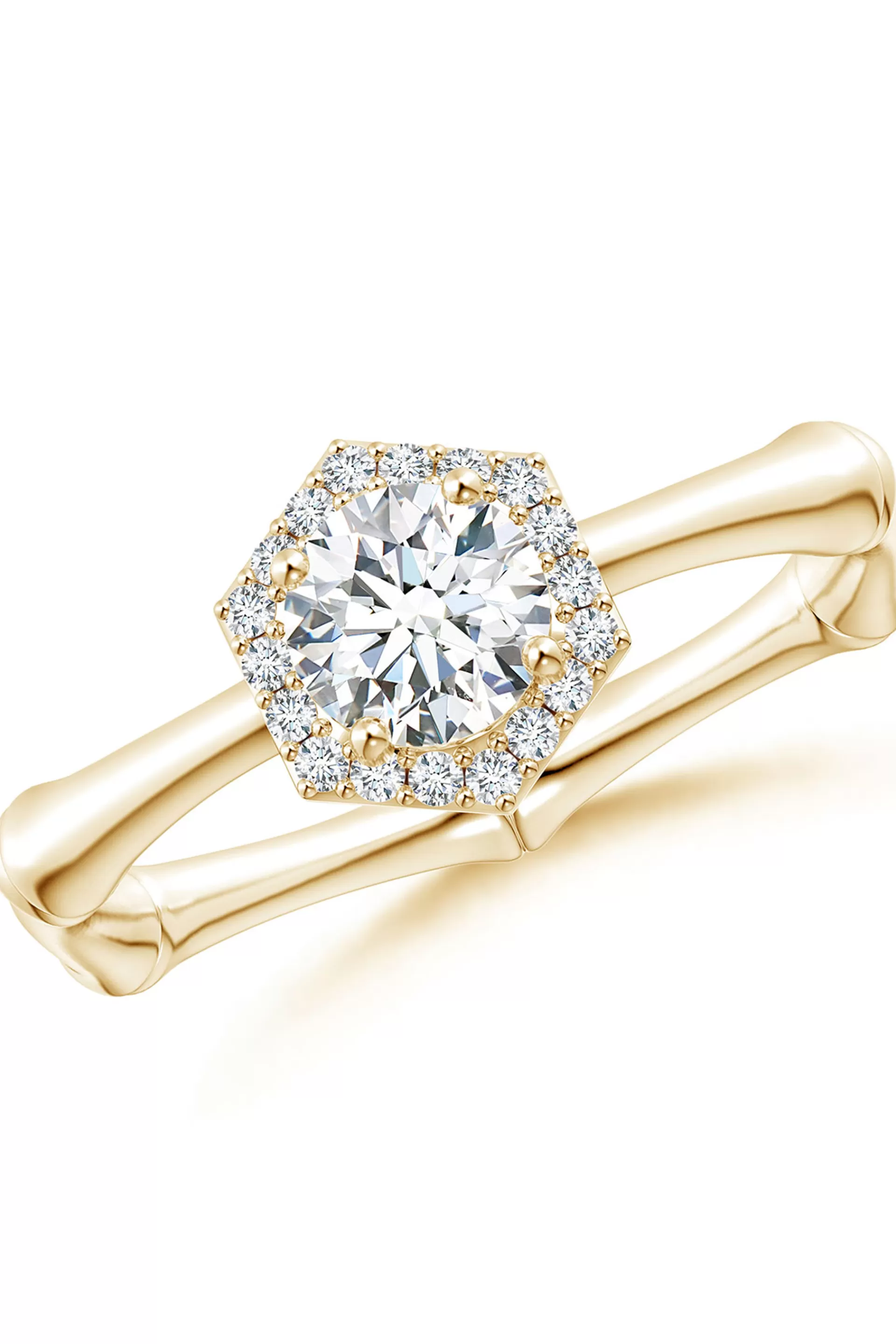 Natori Rings | Indochine<Indochine 14k Hexagon Diamond Pave Halo Bamboo Ring 14K Yellow Gold